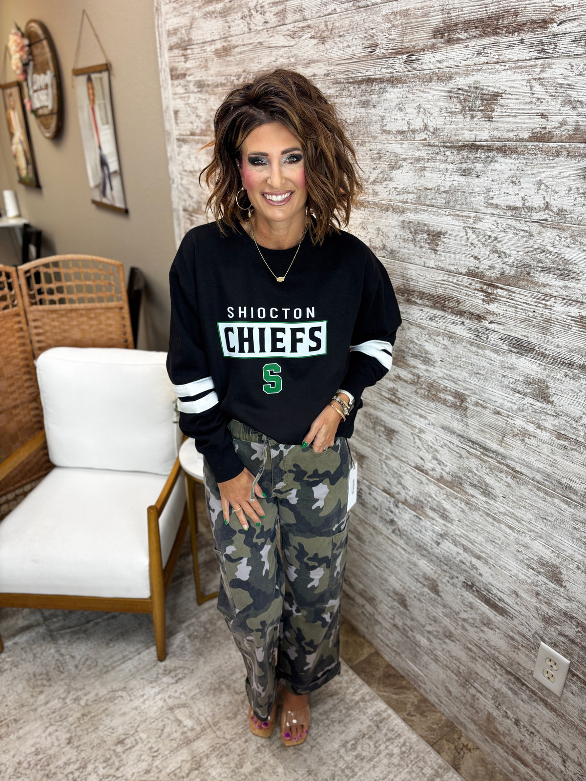 Shiocton Chiefs Enza Varsity Stripe Black Crew~ Ladies
