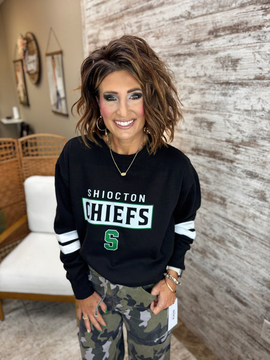 Shiocton Chiefs Enza Varsity Stripe Black Crew~ Ladies