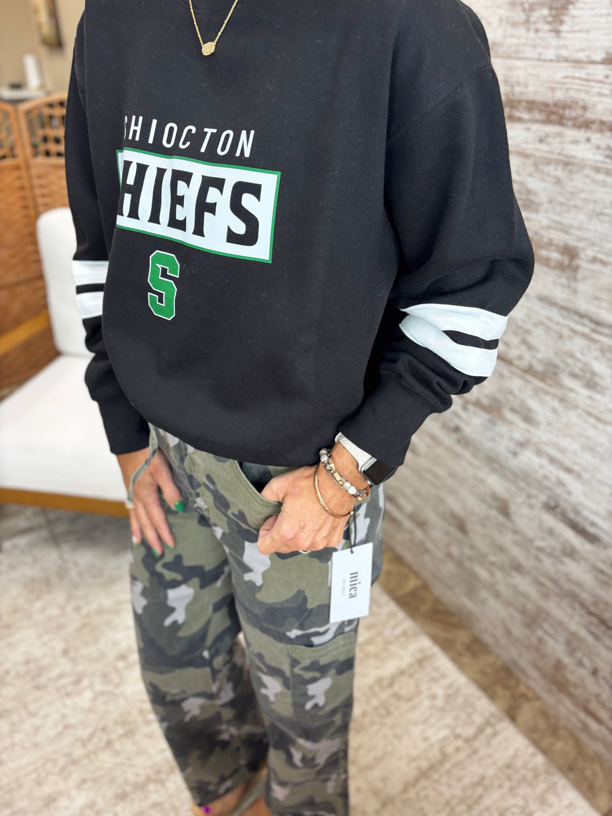 Shiocton Chiefs Enza Varsity Stripe Black Crew~ Ladies