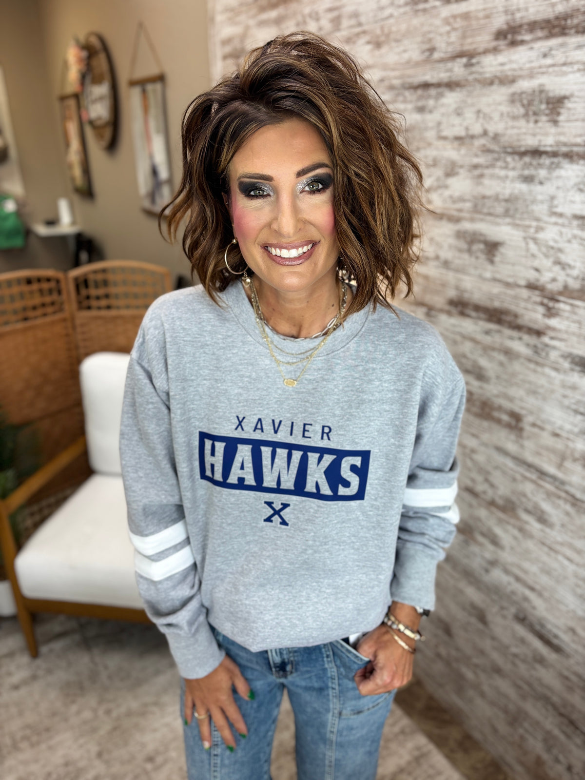 Xavier Hawks Enza Varsity Stripe Grey Crew~ Ladies