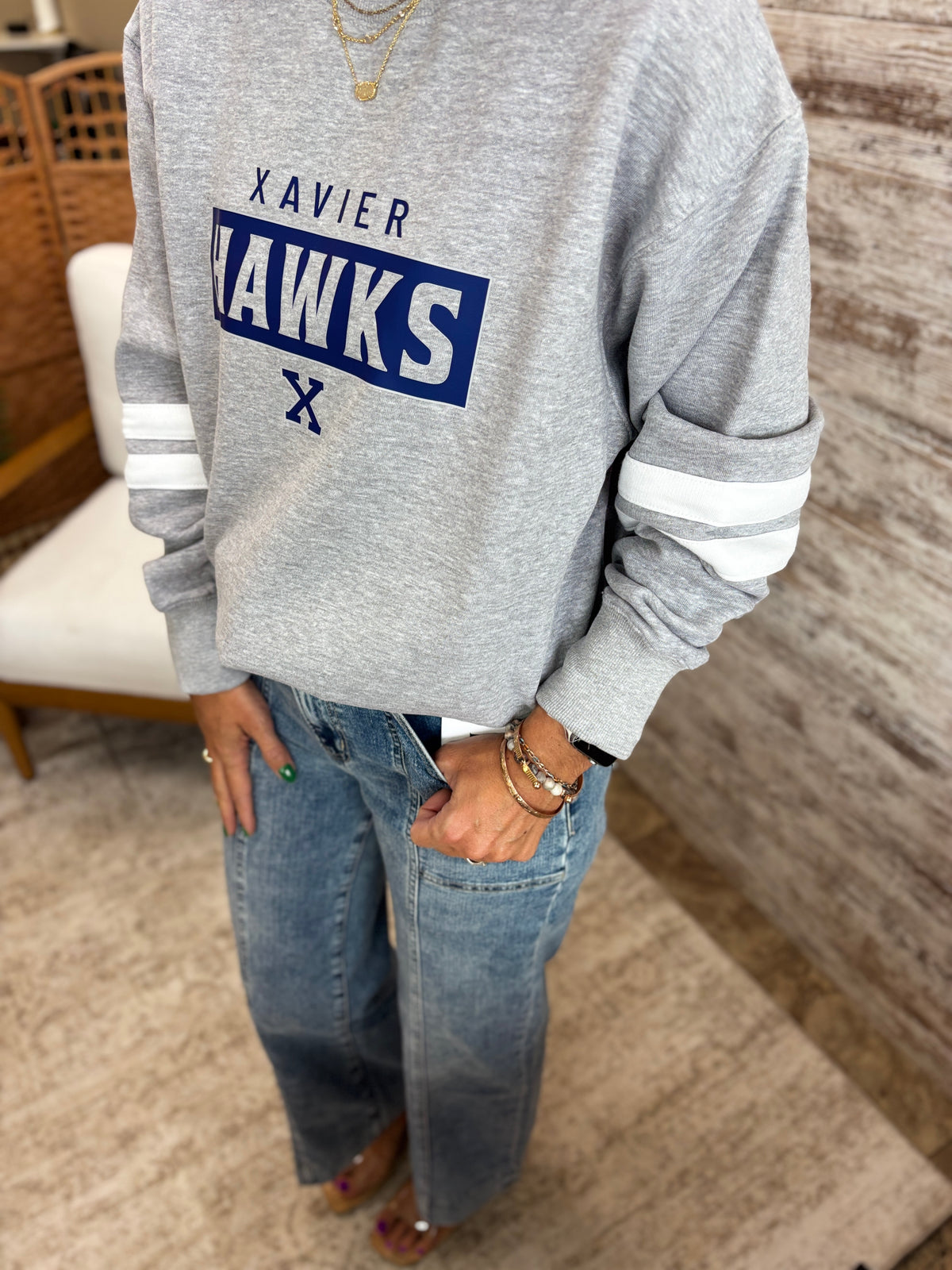 Xavier Hawks Enza Varsity Stripe Grey Crew~ Ladies