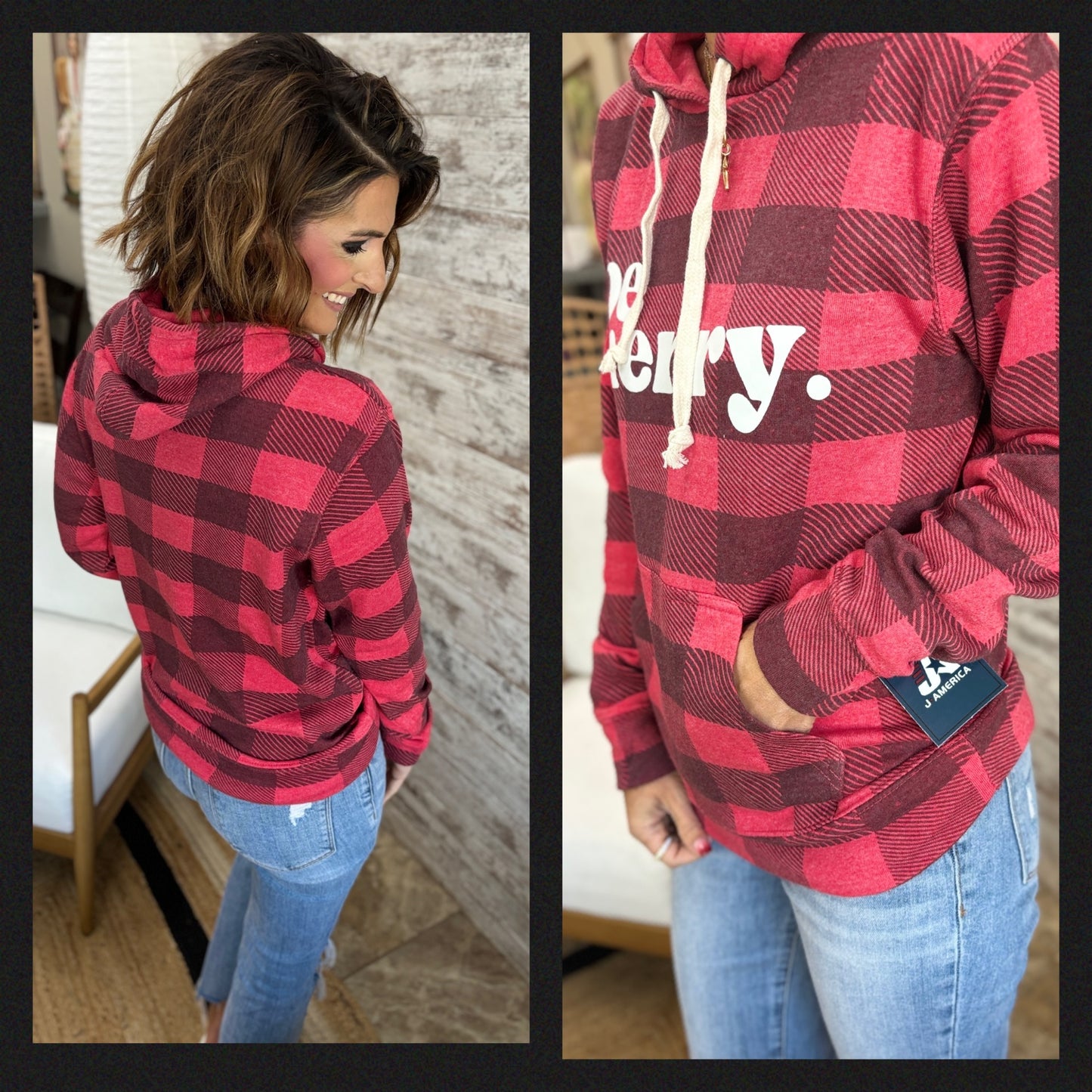 Be Merry Puff Buffalo Plaid Tri Blend Hoodie