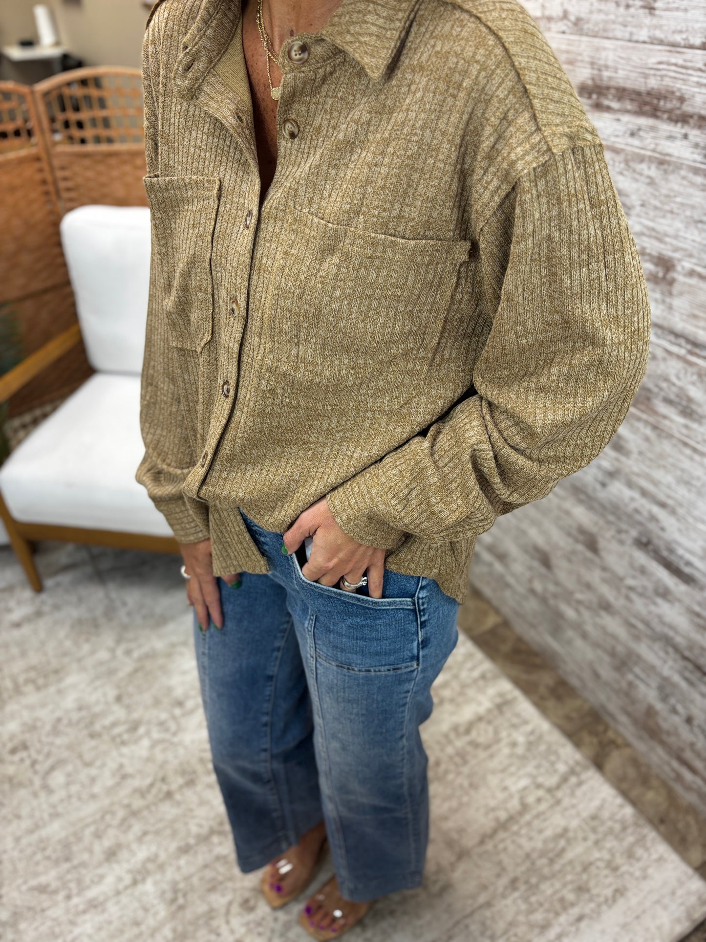 Light Brown Ribbed Button Down Shirt