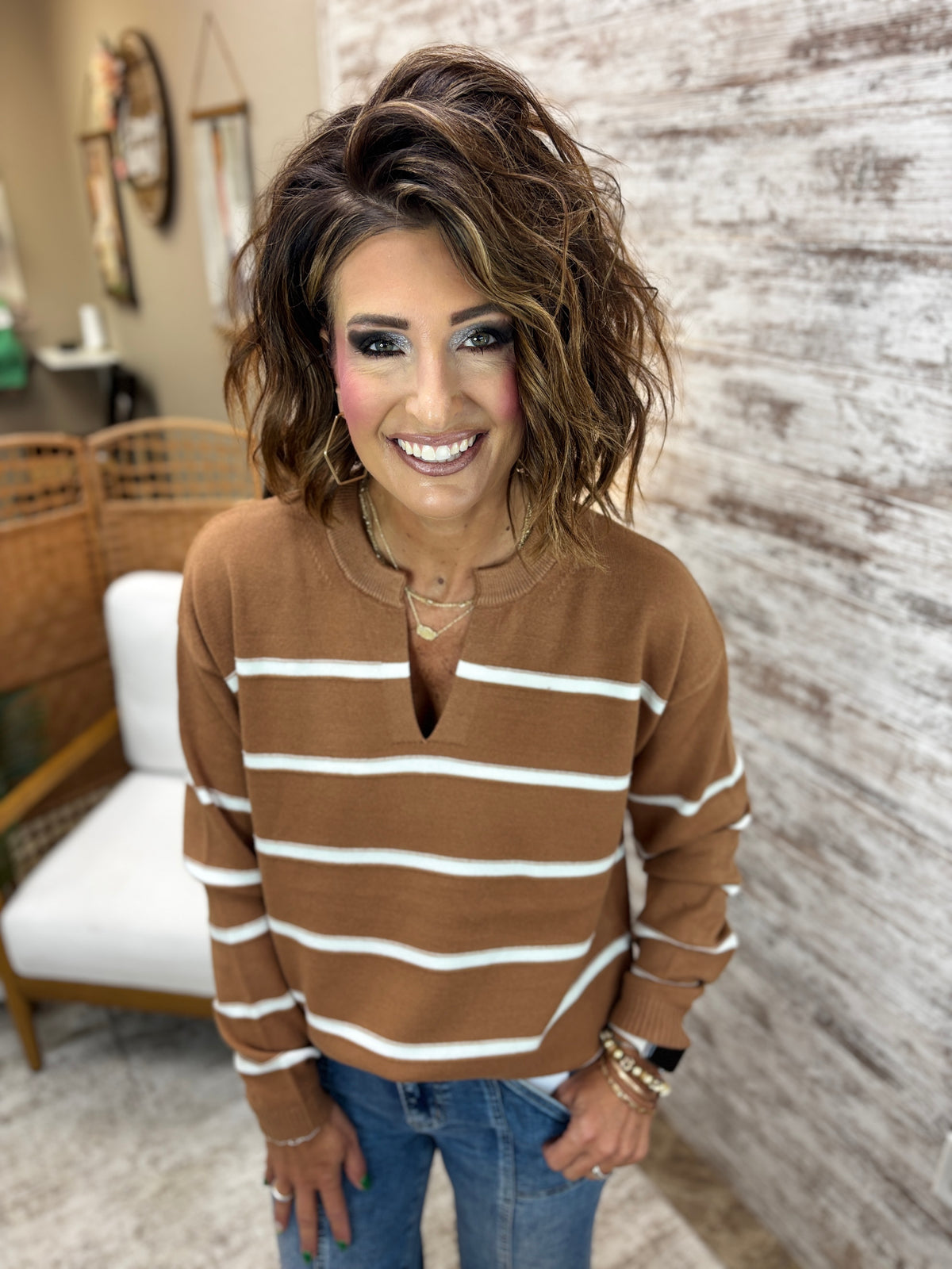 Deep Camel Split Neck Striped Sweater