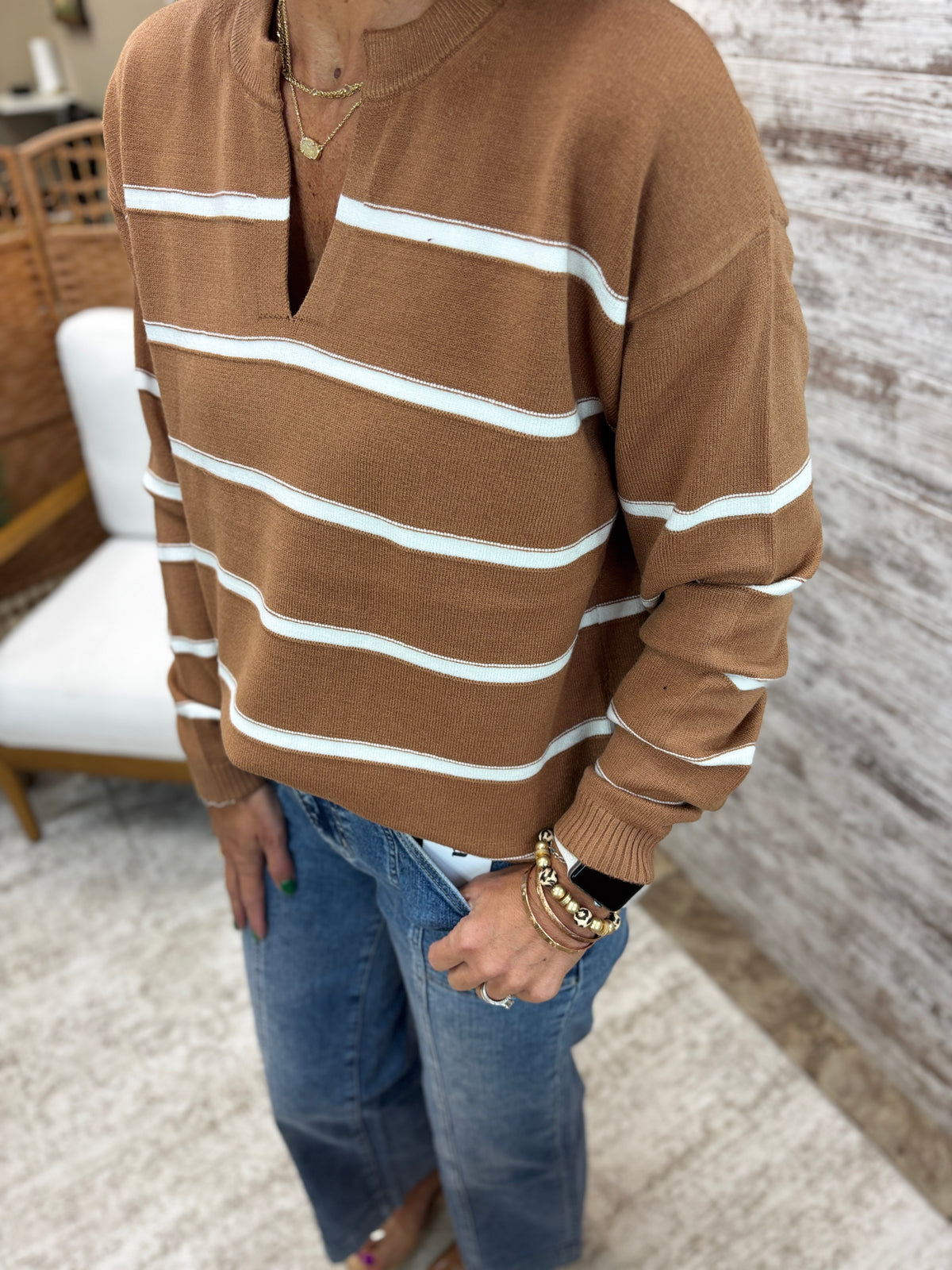 Deep Camel Split Neck Striped Sweater