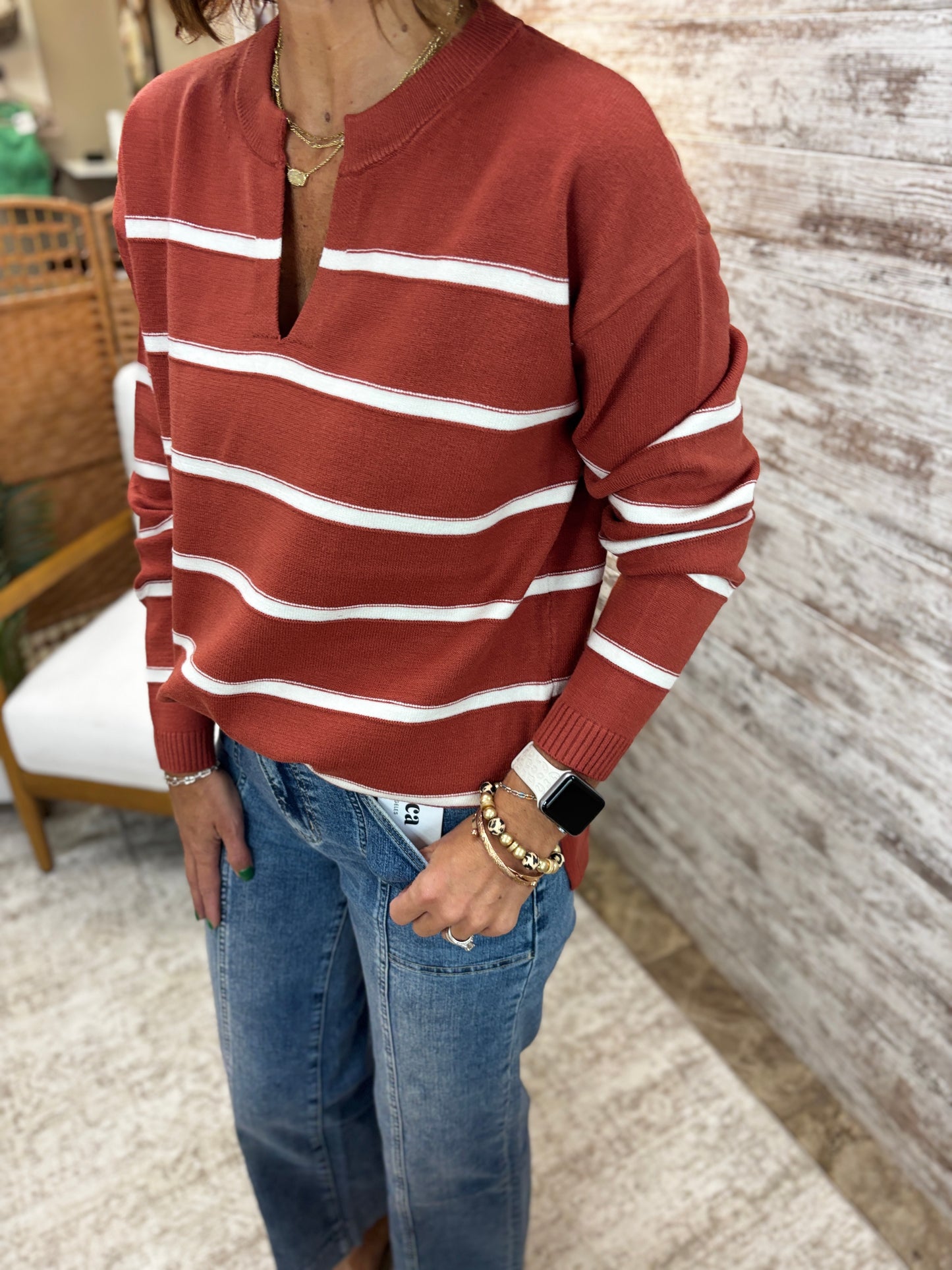 Rust Split Neck Striped Sweater