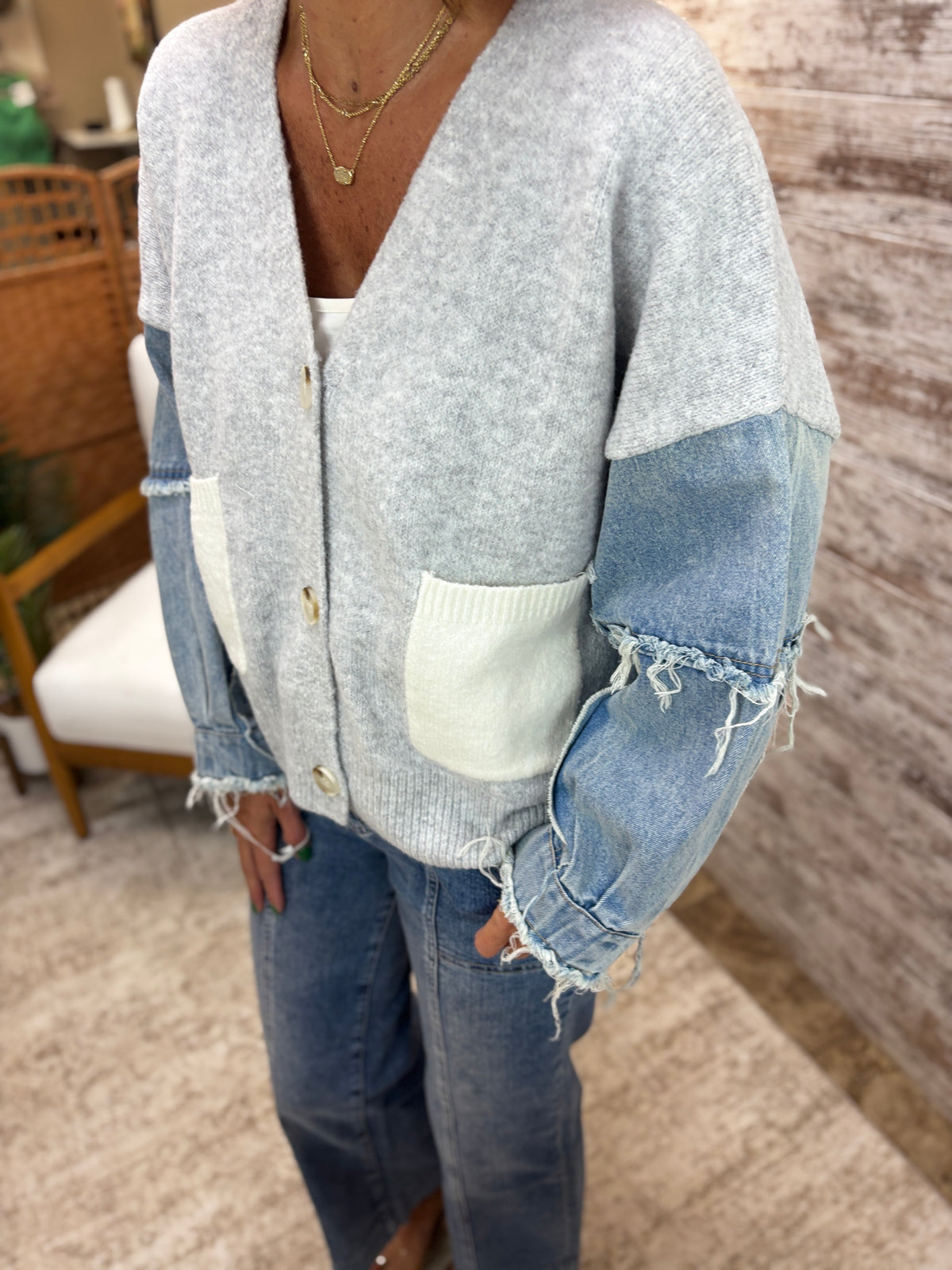Light Grey Denim Sleeve Cardigan