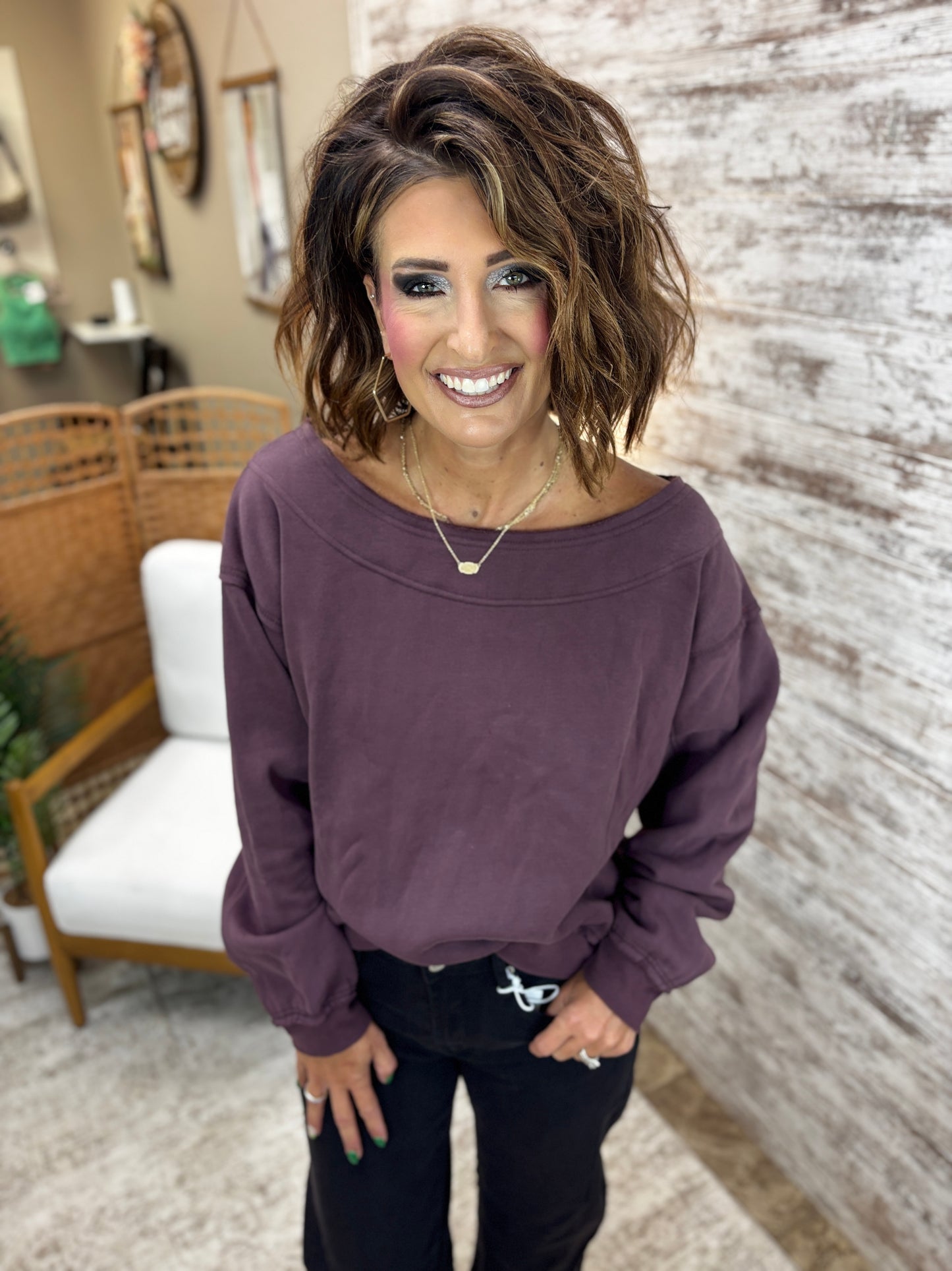 Deep Purple Off the Shoulder Pullover