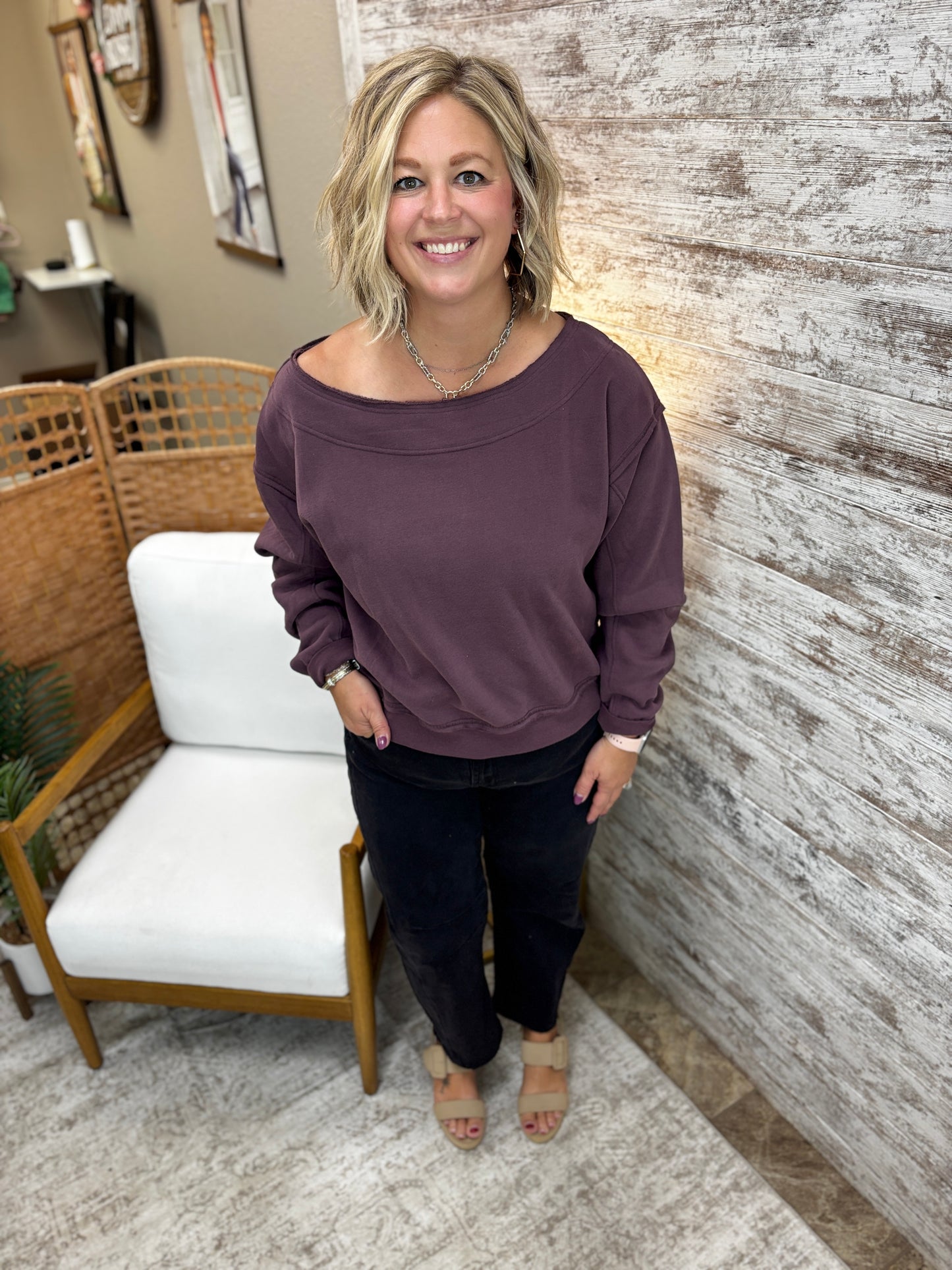 Deep Purple Off the Shoulder Pullover
