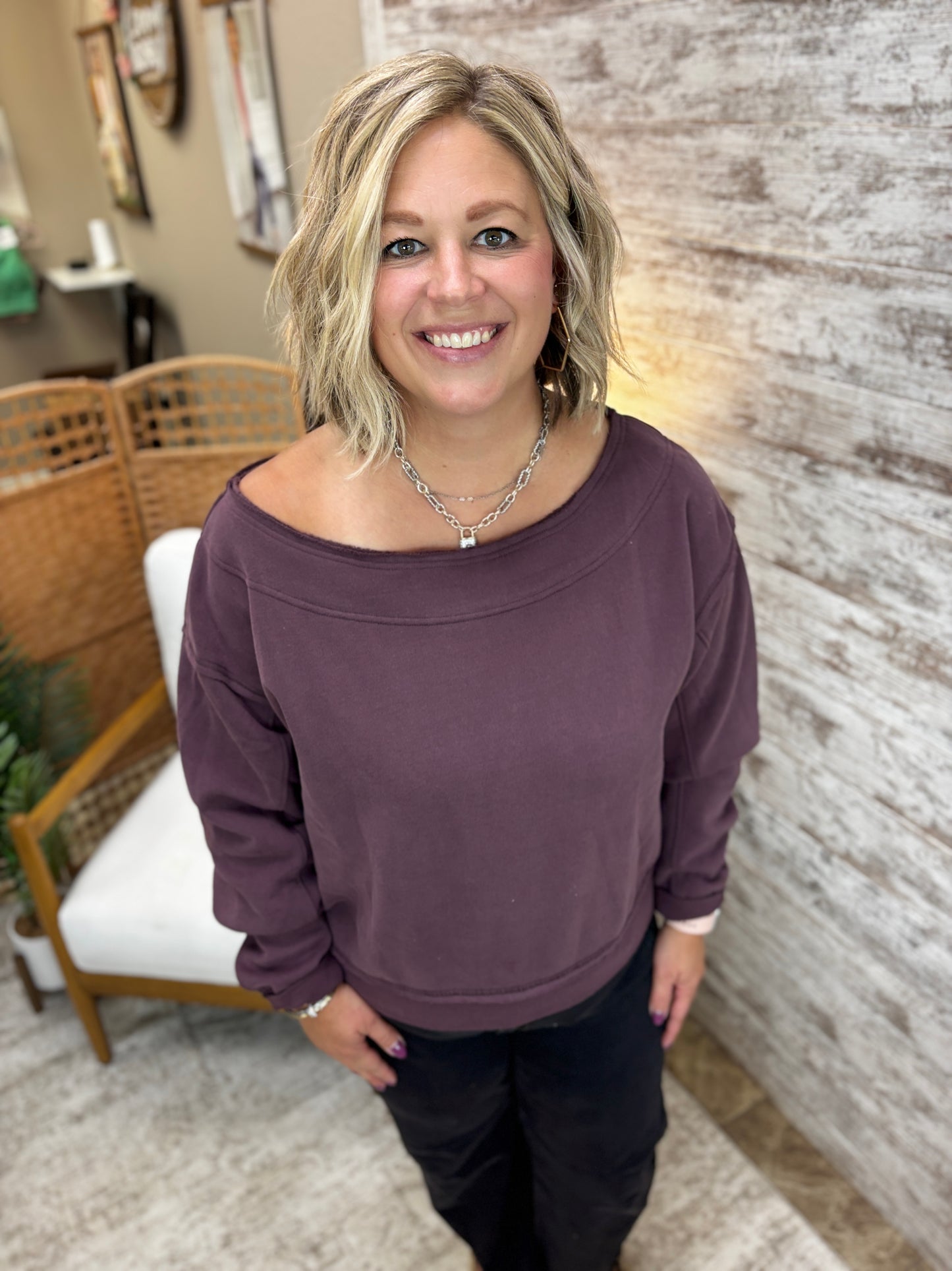 Deep Purple Off the Shoulder Pullover