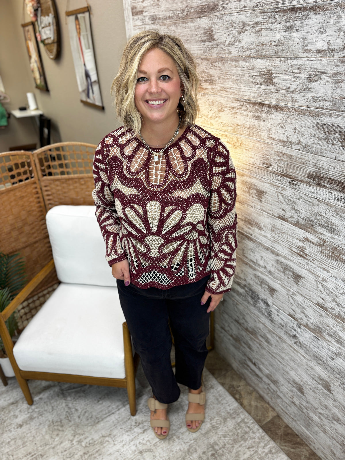 Maroon Boho Contrast Crochet Floral Top