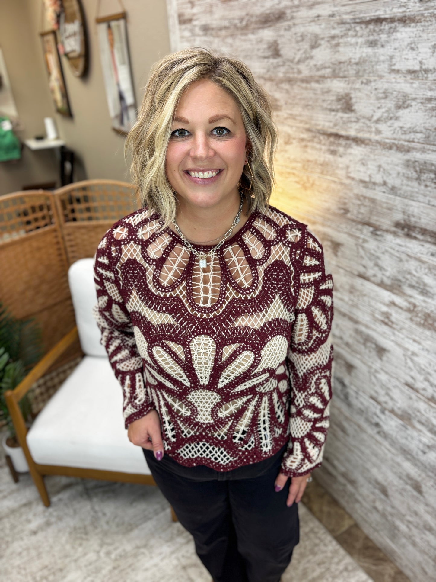 Maroon Boho Contrast Crochet Floral Top