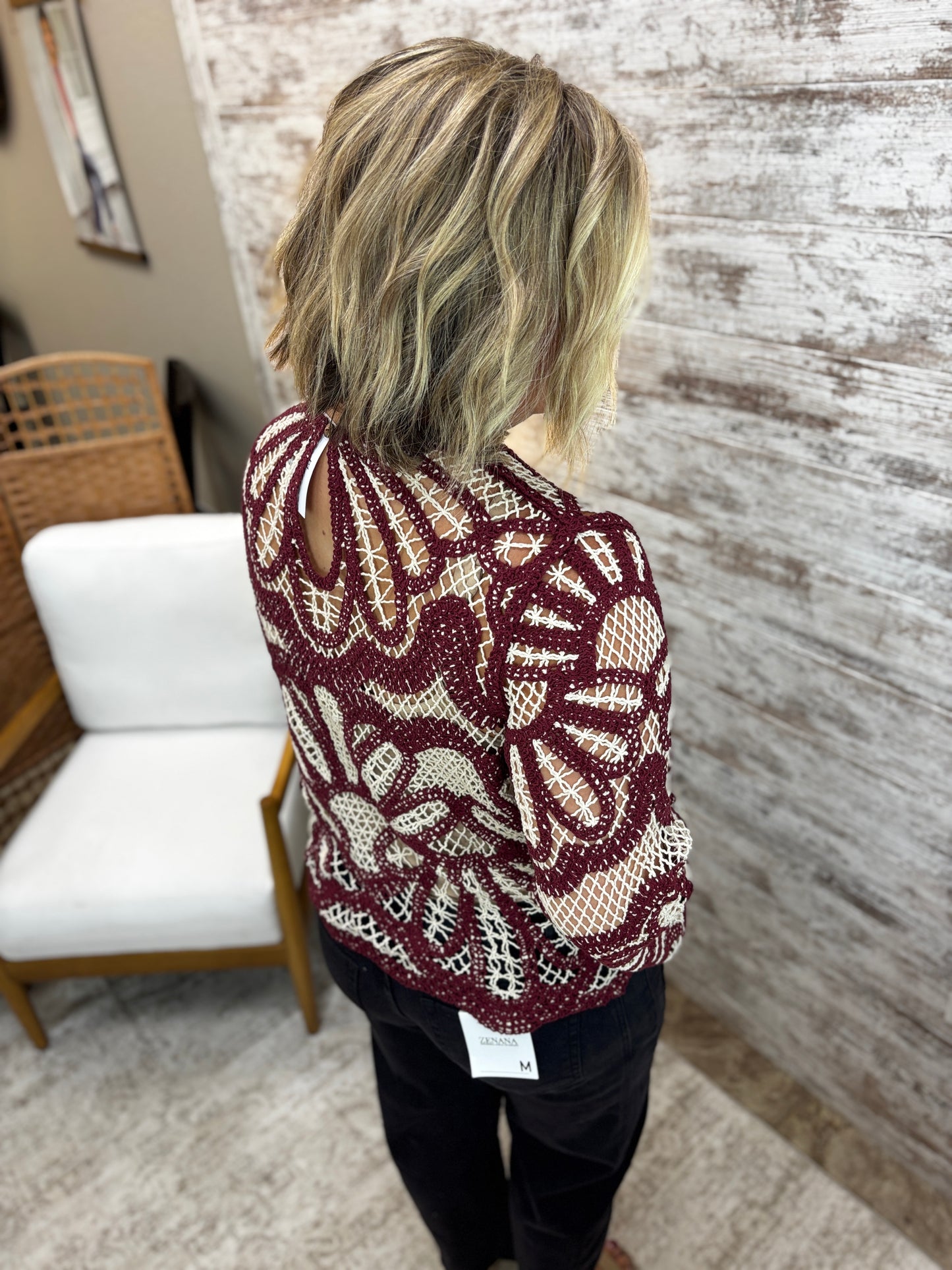 Maroon Boho Contrast Crochet Floral Top