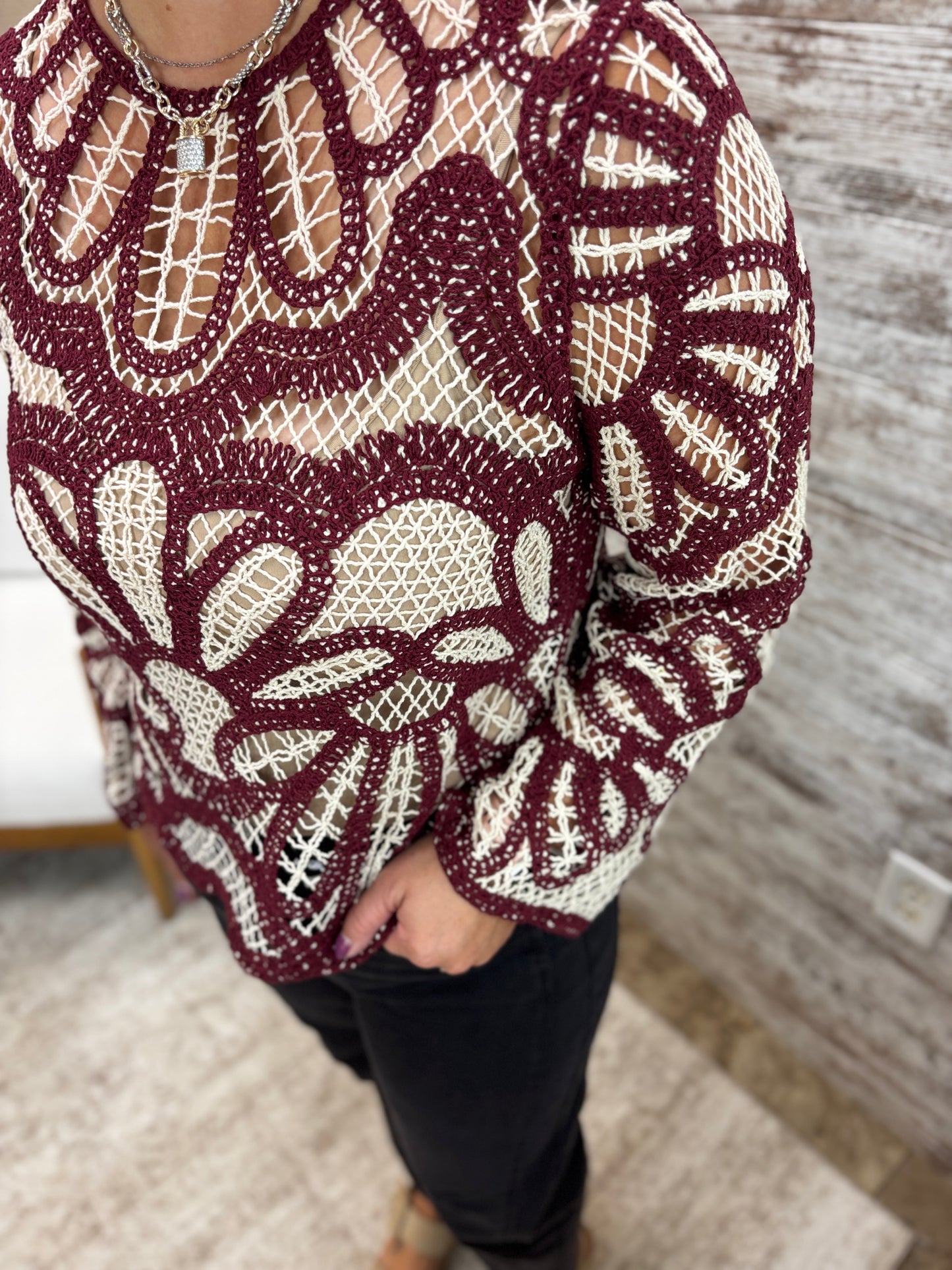Maroon Boho Contrast Crochet Floral Top