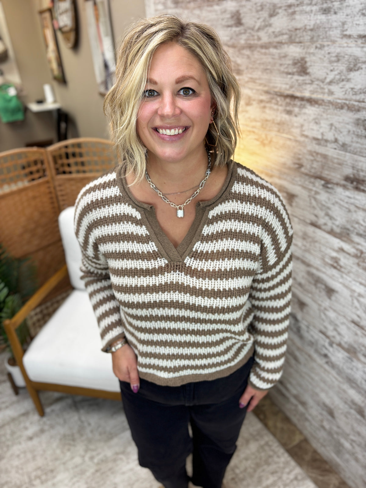 Mocha Stripe Split Neck Sweater