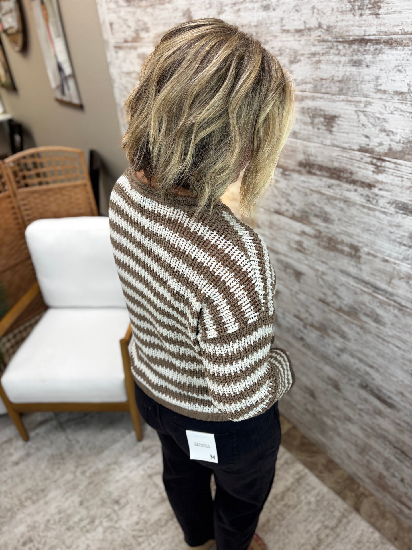 Mocha Stripe Split Neck Sweater