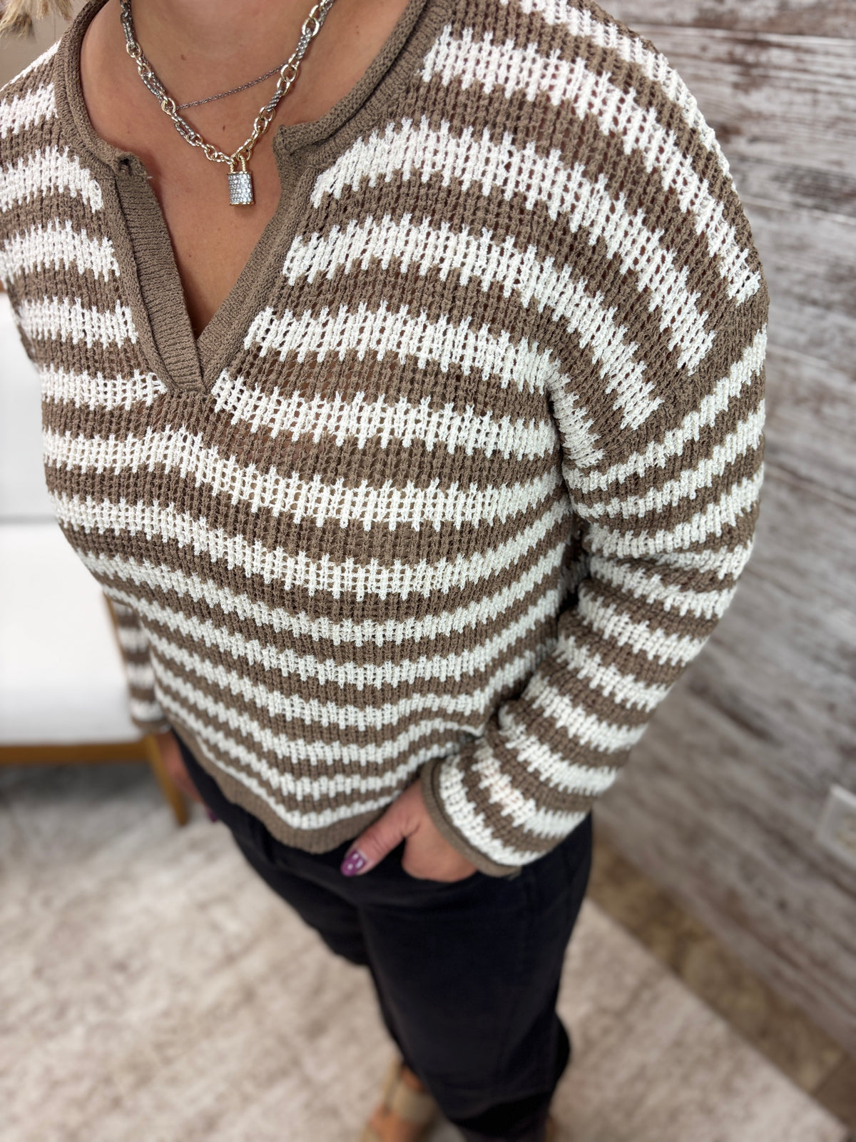 Mocha Stripe Split Neck Sweater