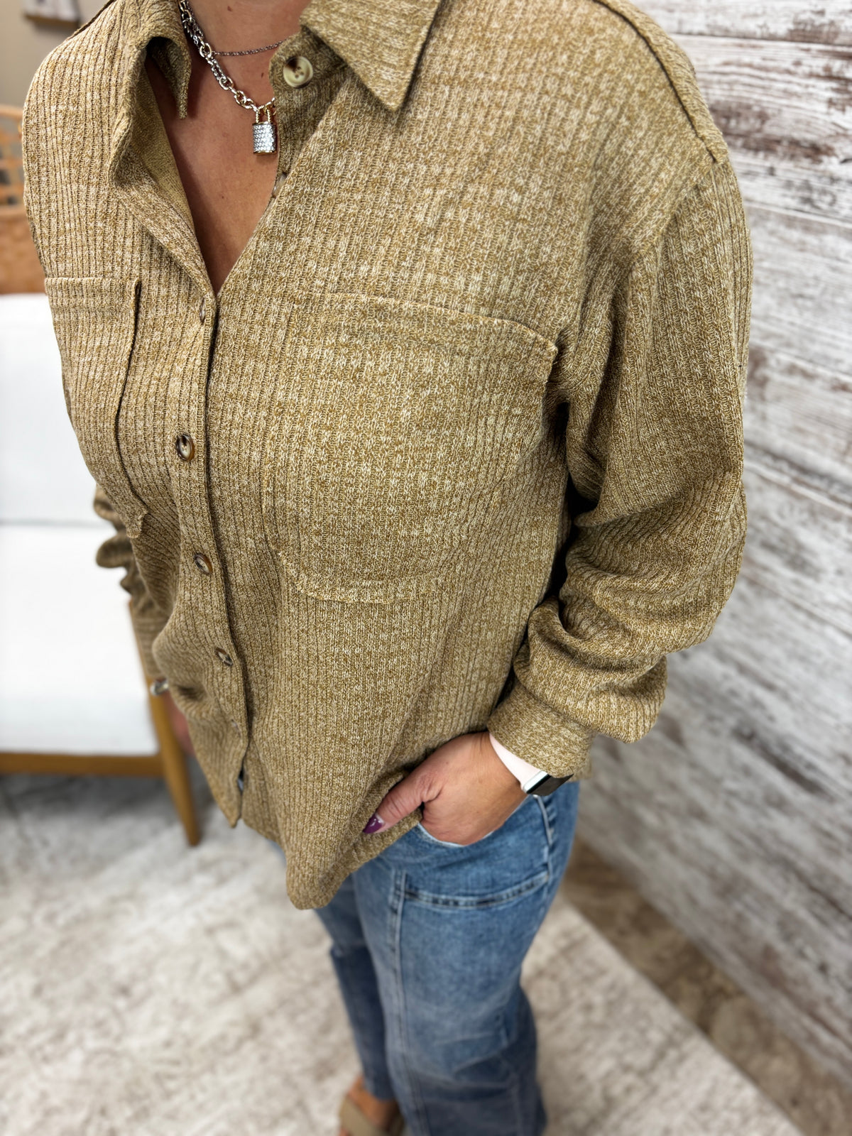 Light Brown Ribbed Button Down Shirt