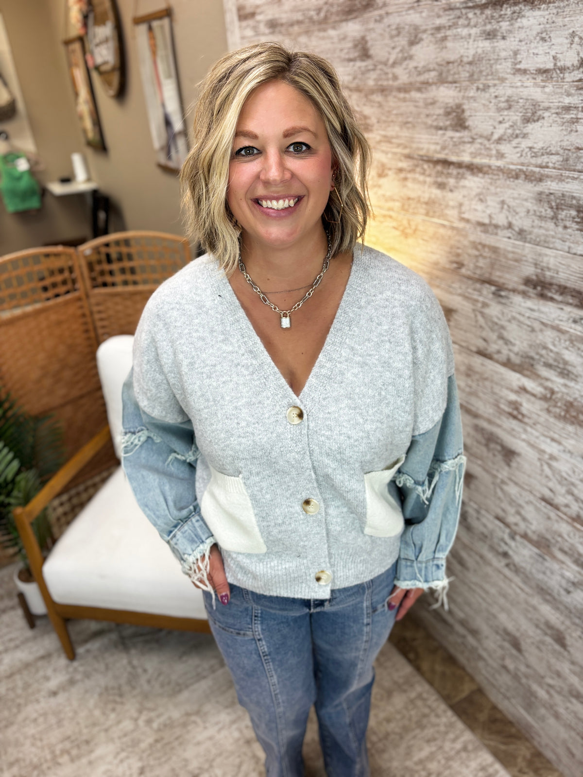 Light Grey Denim Sleeve Cardigan