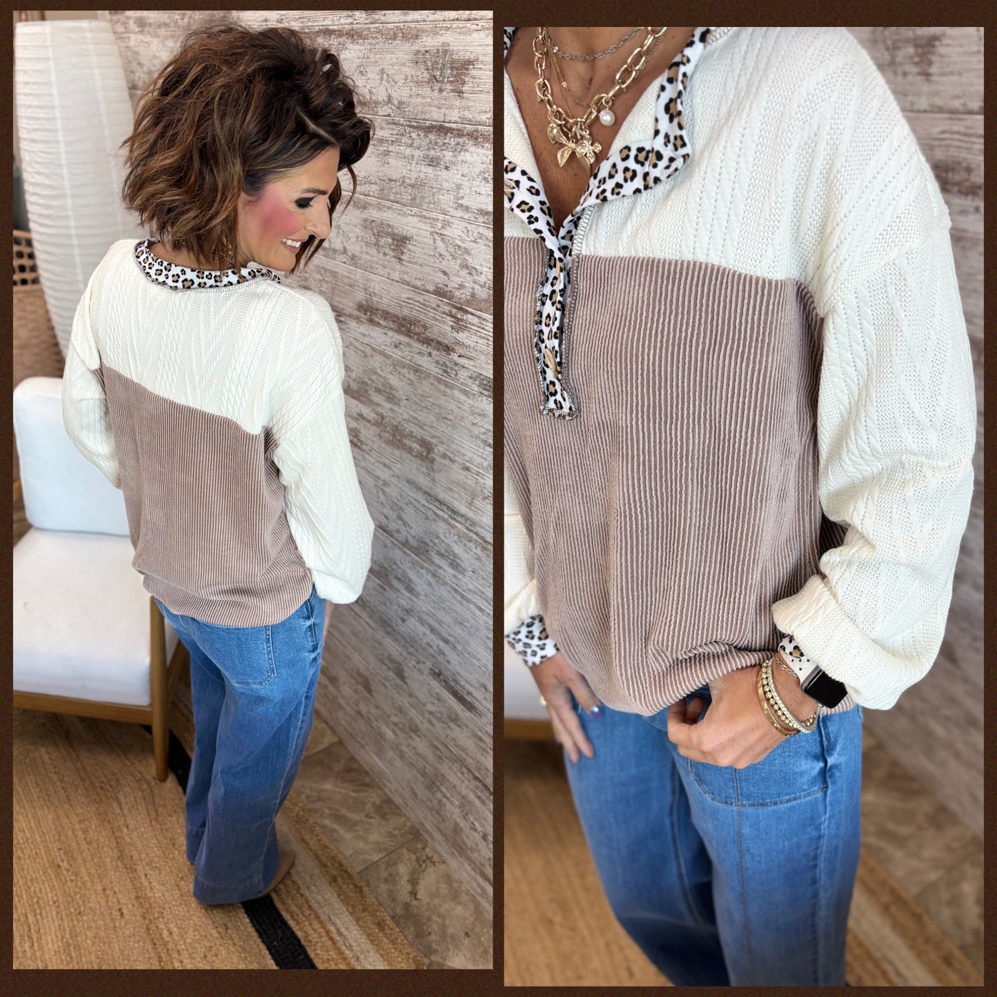 Mocha Ribbed Top with Leopard Detail