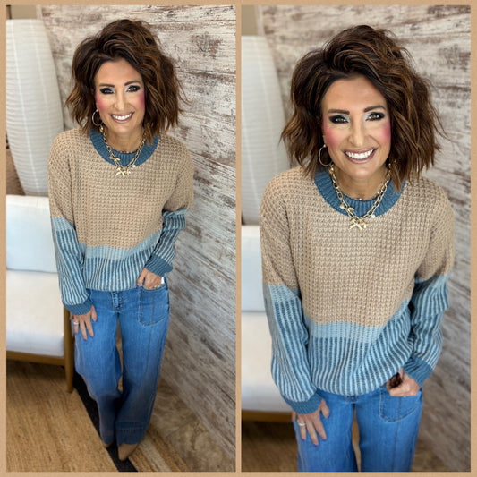 Taupe and Blue Knit Colorblock Sweater