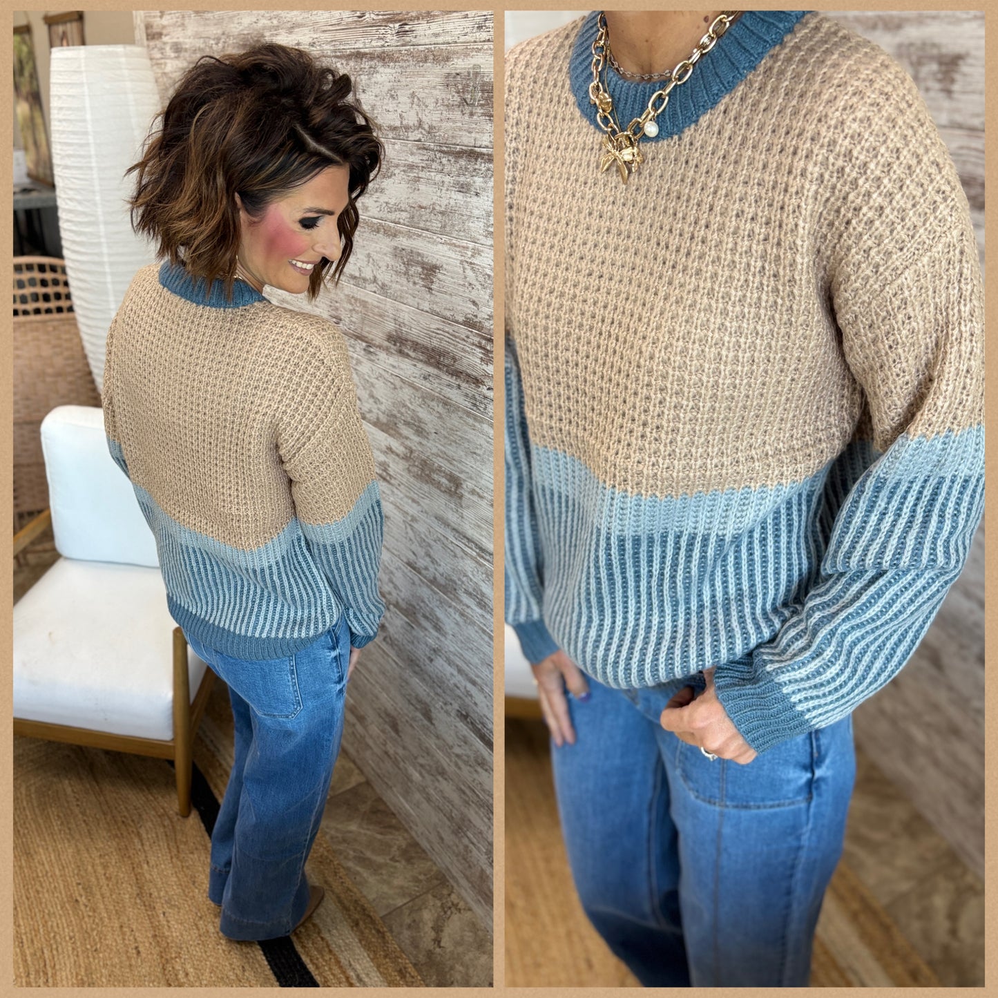 Taupe and Blue Knit Colorblock Sweater