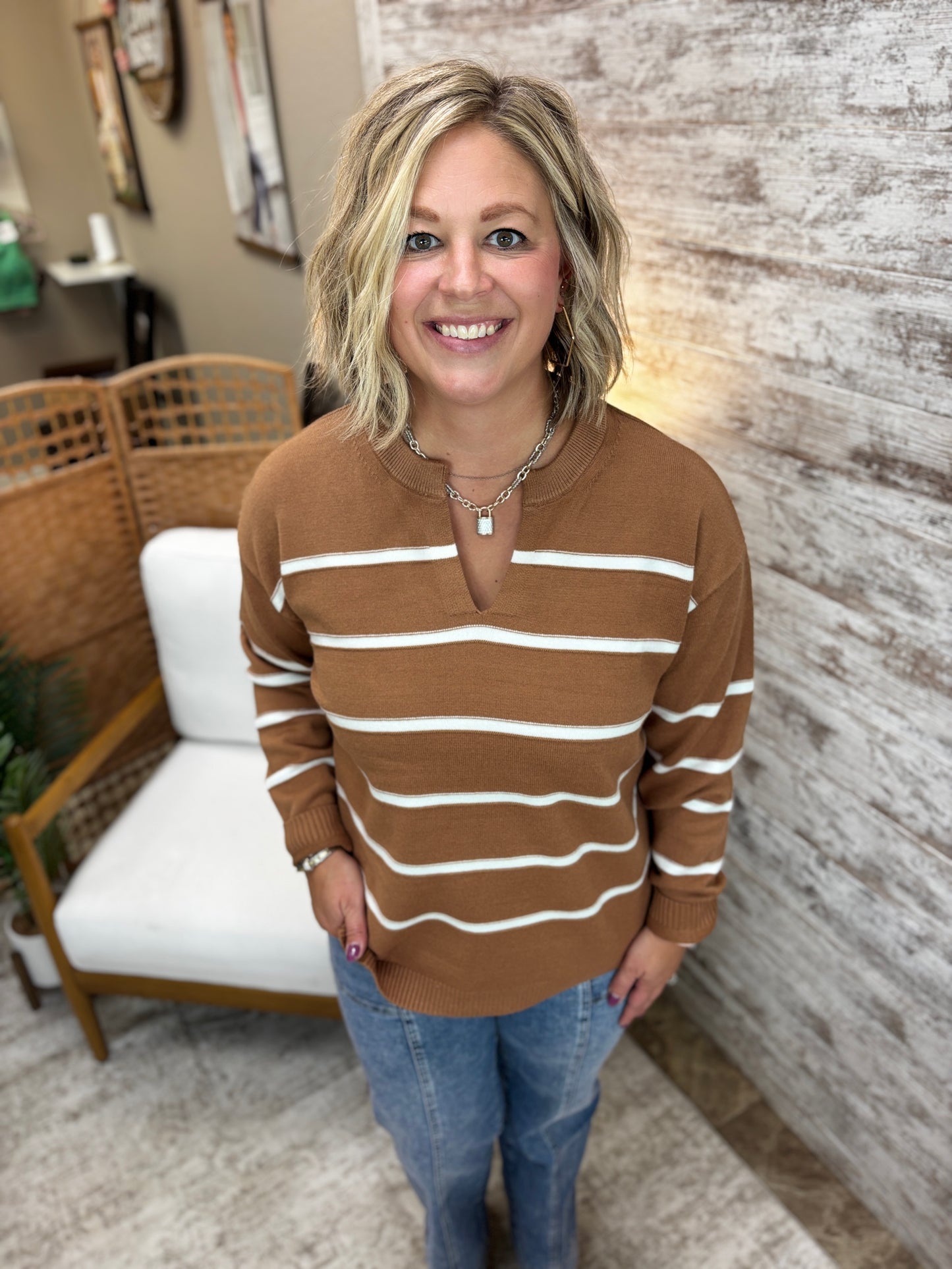 Deep Camel Split Neck Striped Sweater