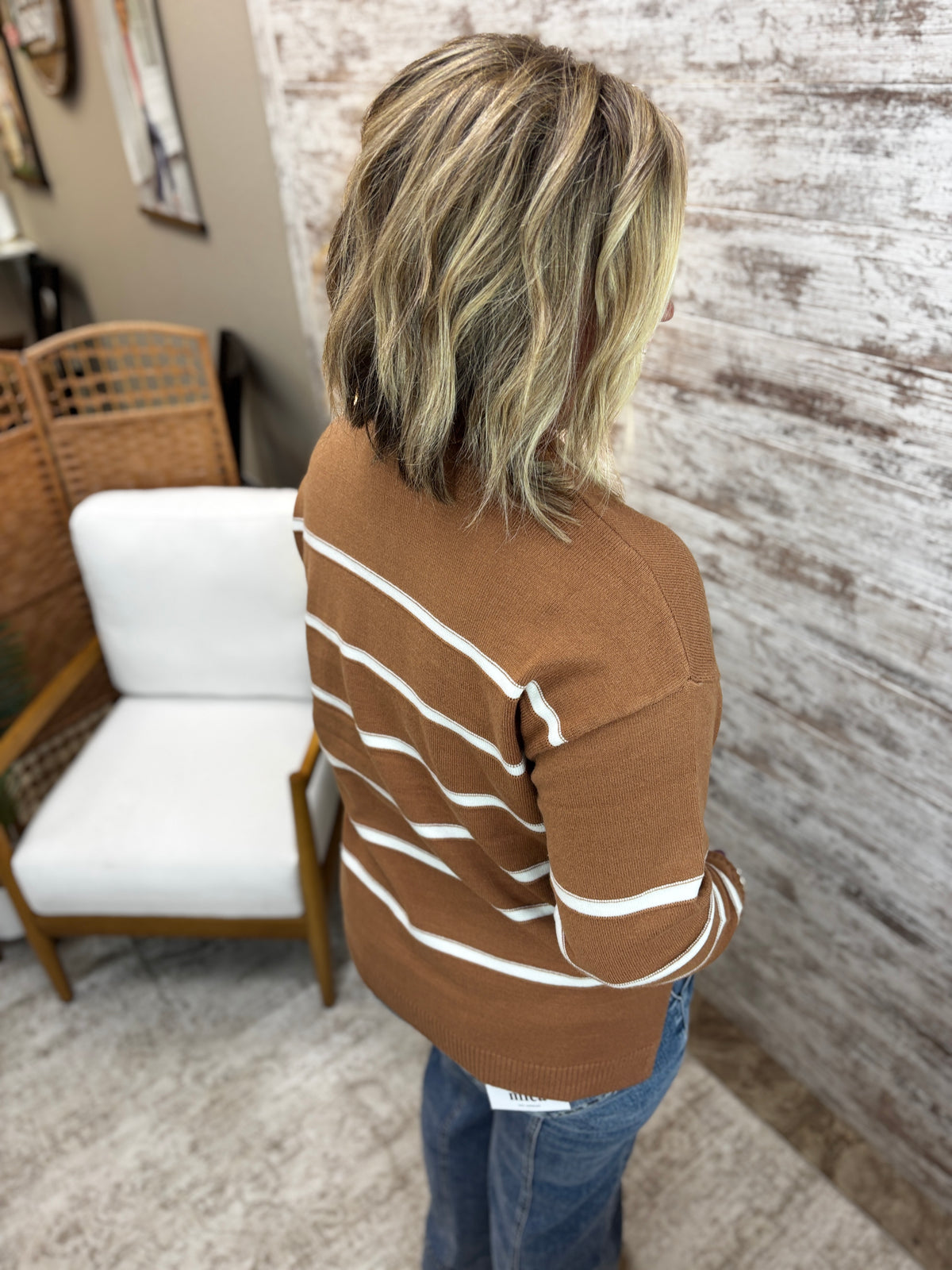 Deep Camel Split Neck Striped Sweater