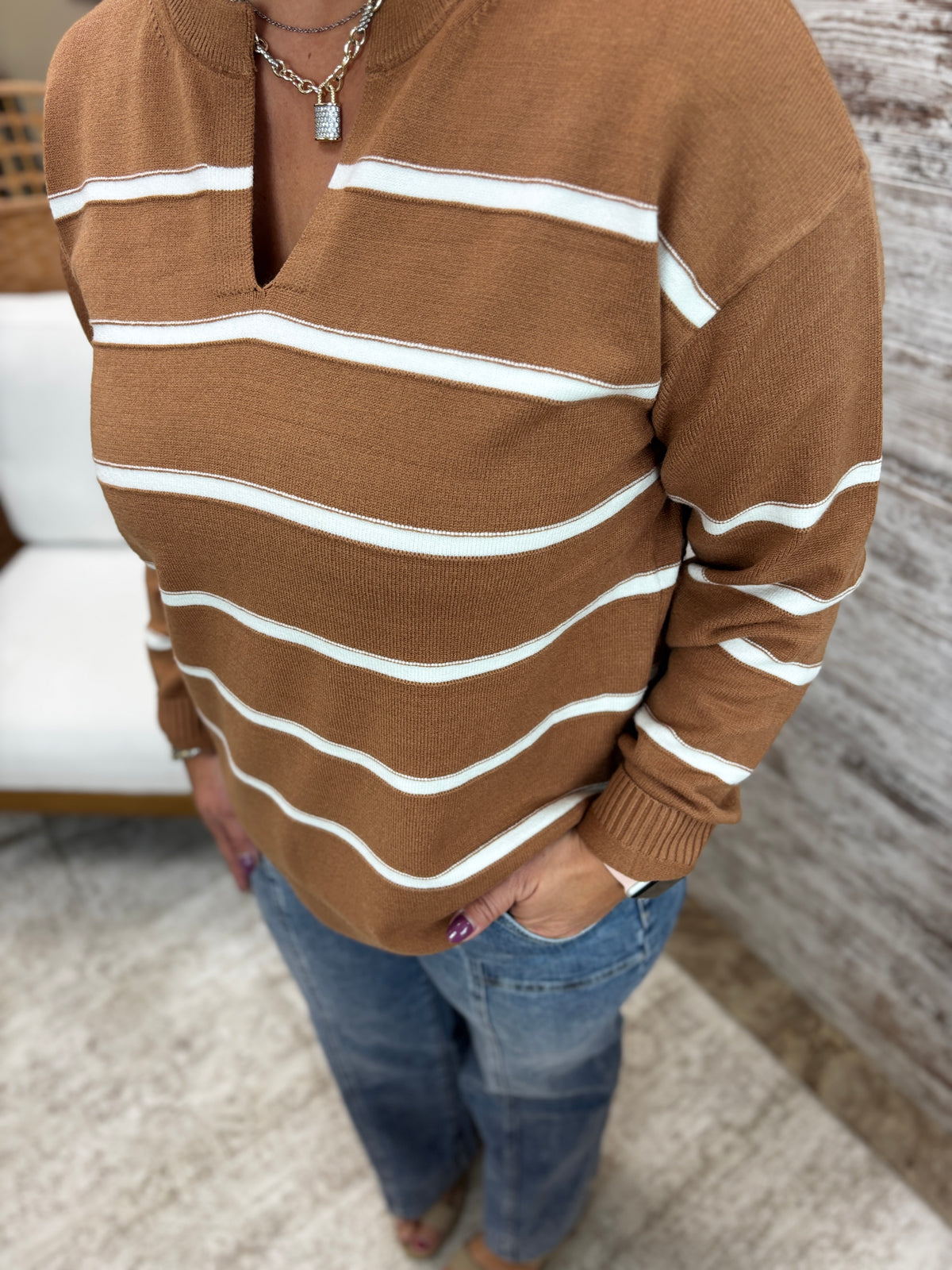 Deep Camel Split Neck Striped Sweater