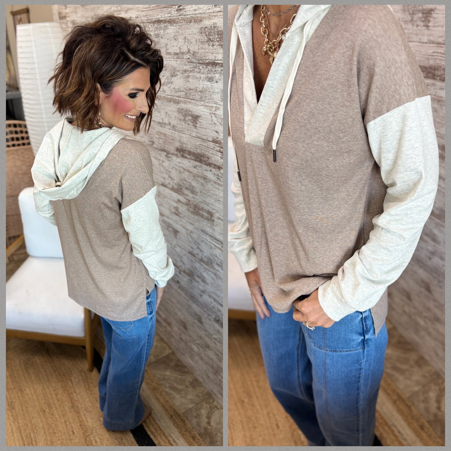 Taupe Color Block Hooded Shirt