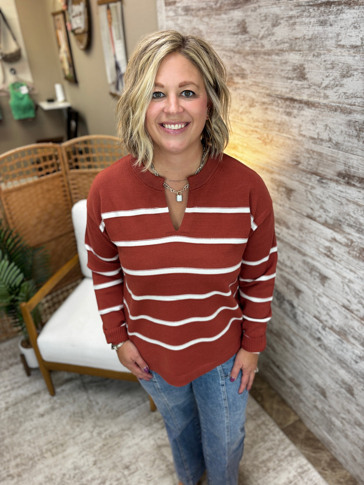 Rust Split Neck Striped Sweater