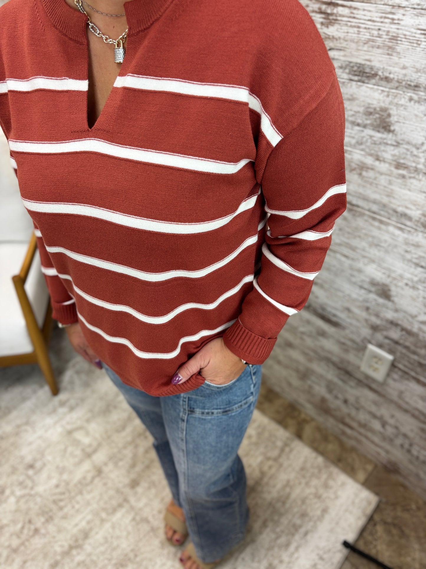 Rust Split Neck Striped Sweater