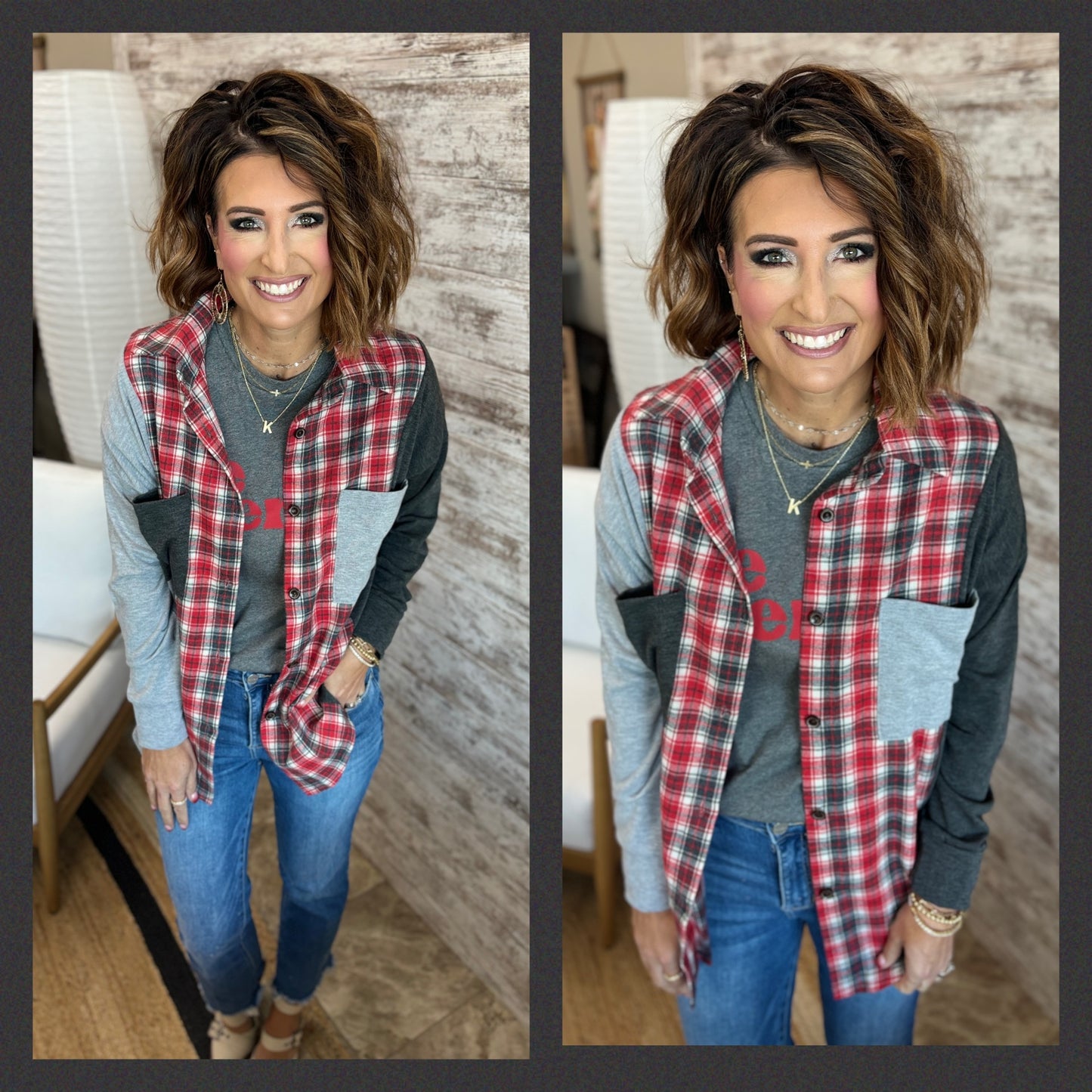 Color Block and Plaid Button Down