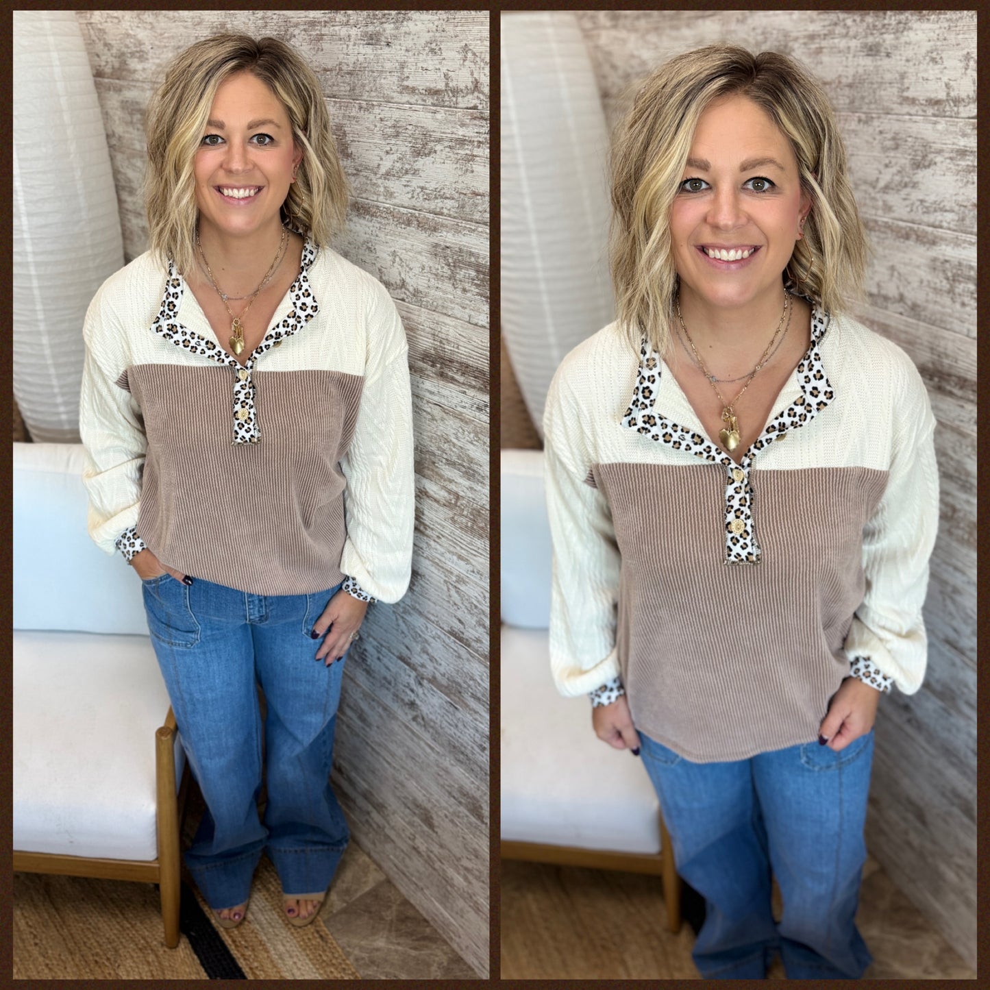 Mocha Ribbed Top with Leopard Detail