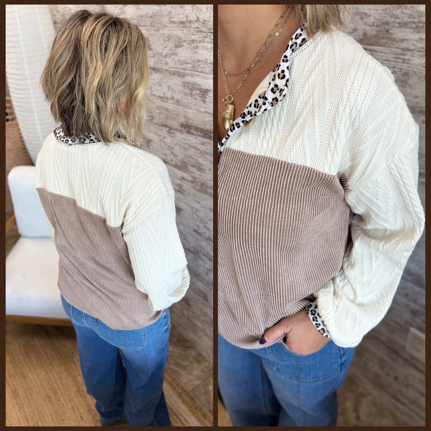 Mocha Ribbed Top with Leopard Detail