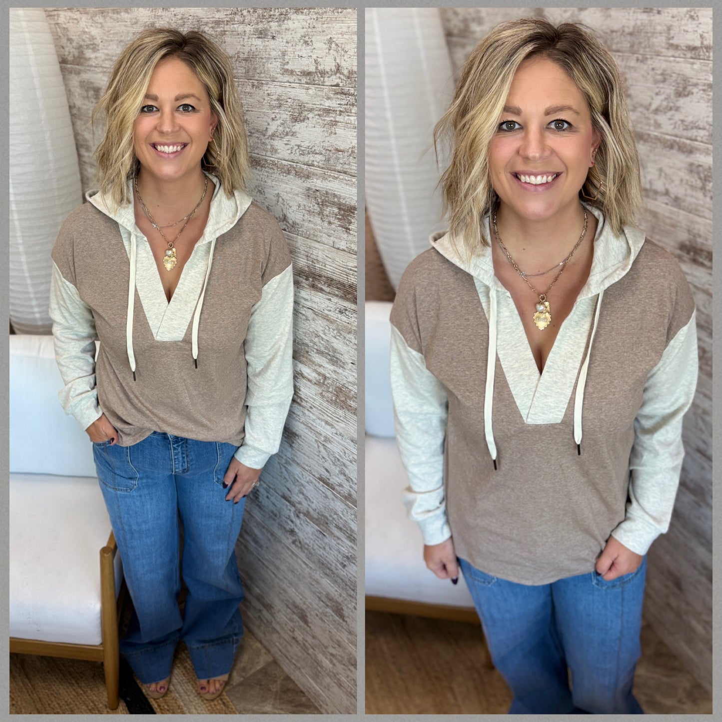 Taupe Color Block Hooded Shirt