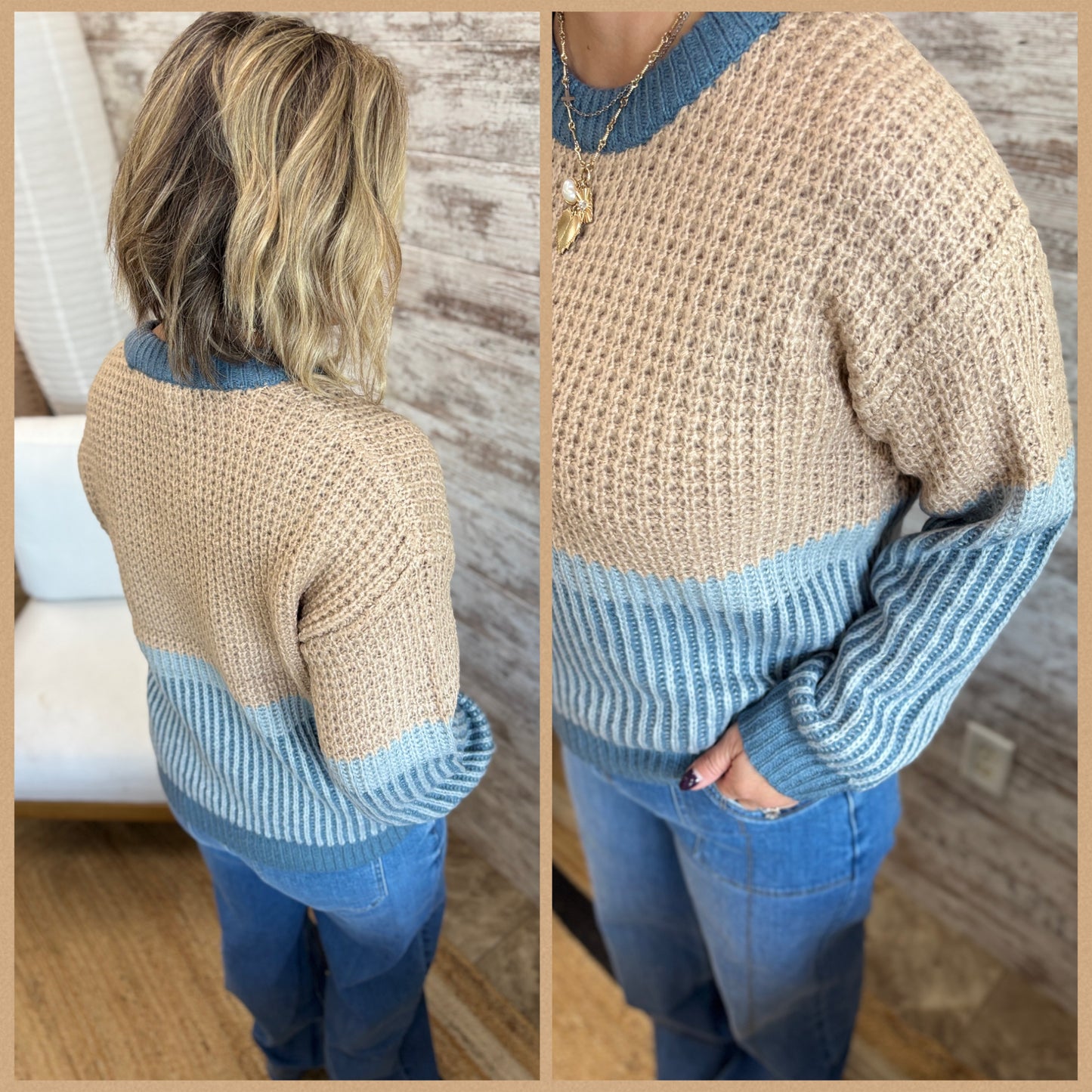 Taupe and Blue Knit Colorblock Sweater