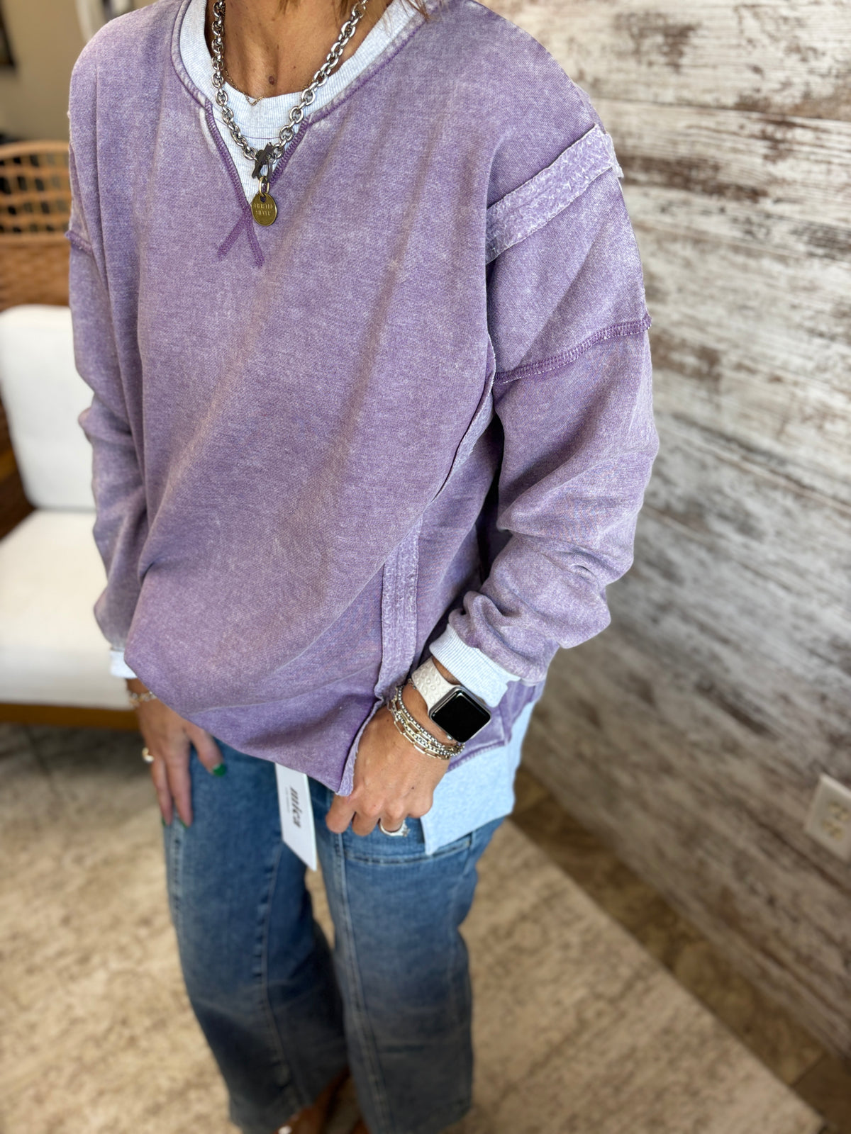 Lt Eggplant Acid Wash Fleece Pullover