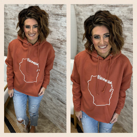 Baked Clay Enza Raw Edge Boxy Hoodie in Wisconsin Designs