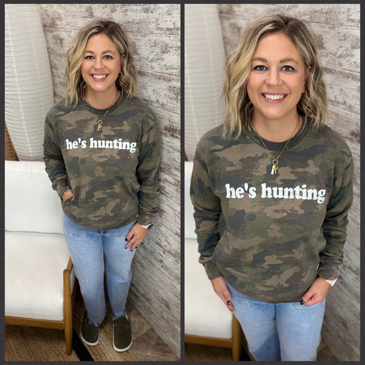 He's Hunting Faded Camo Ladies Fleece Pocket Crewneck