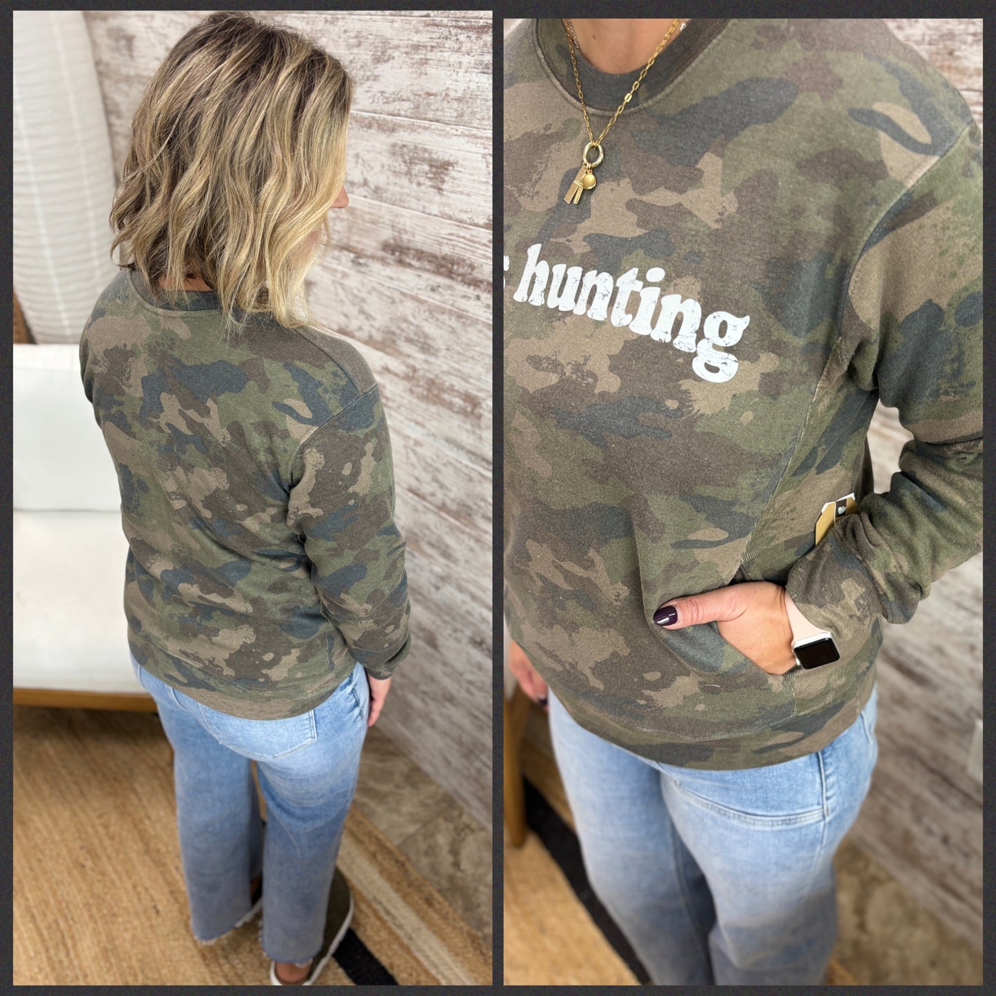 He's Hunting Faded Camo Ladies Fleece Pocket Crewneck