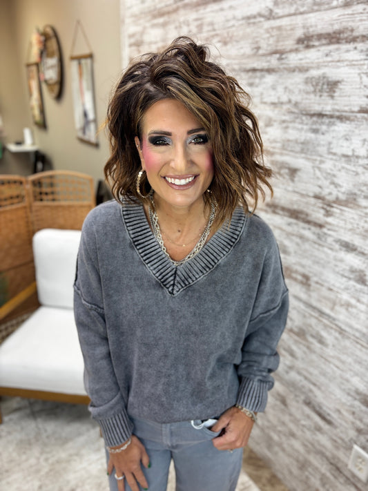 Washed Black V Neck Sweater