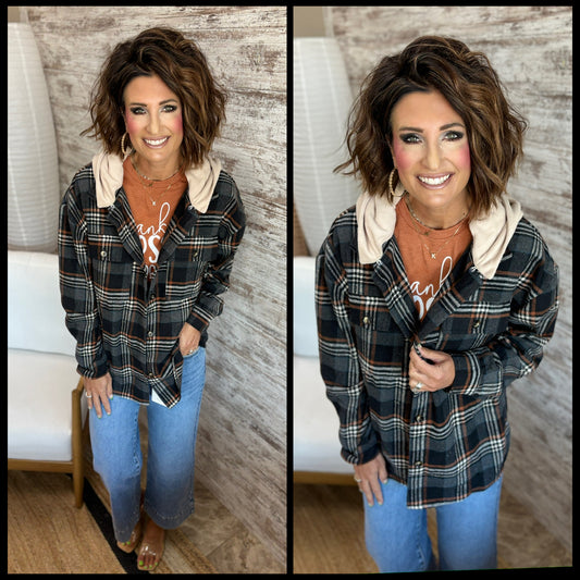 Black Multi Hooded Plaid Shacket with