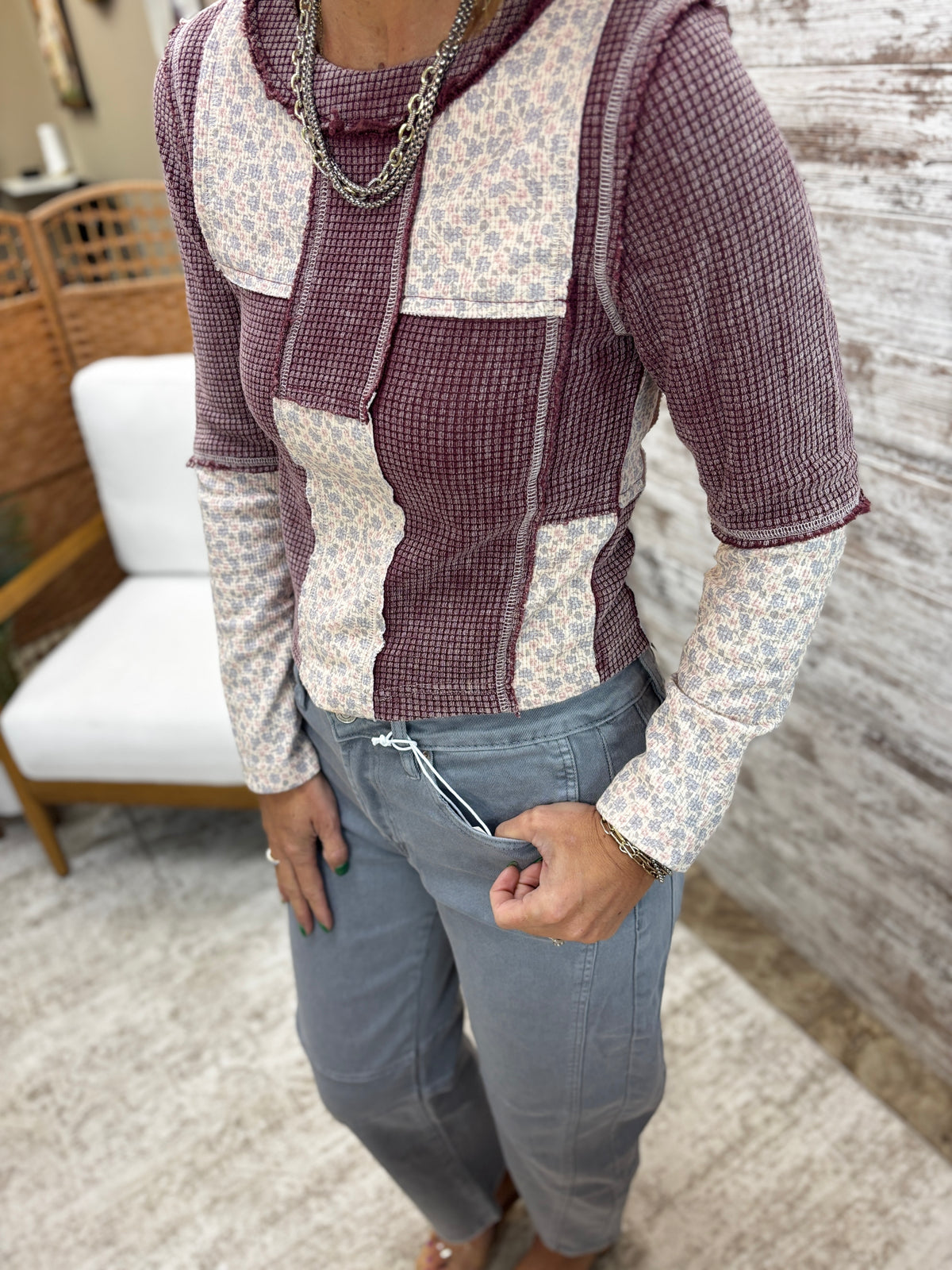 Burgendy Multi Patchwork Waffle Knit Top