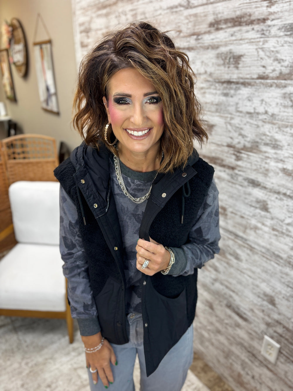 Black Sherpa Hooded Vest