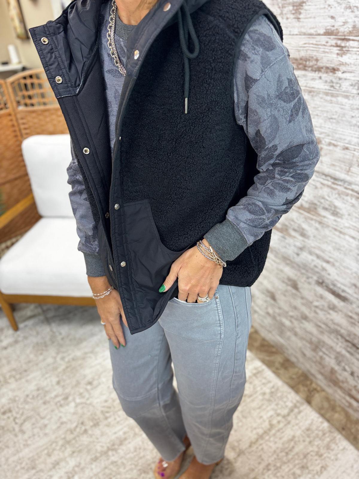 Black Sherpa Hooded Vest