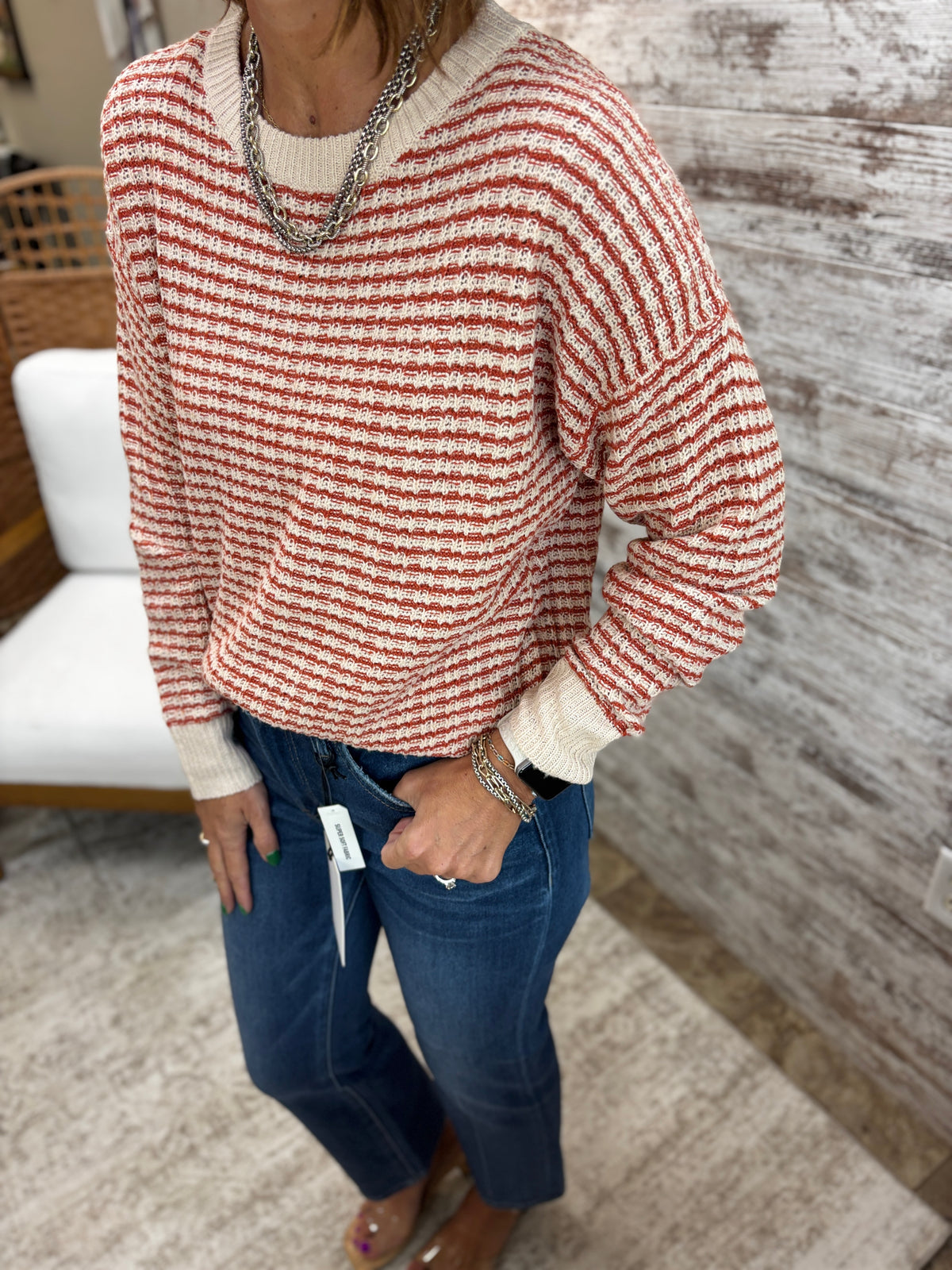 Rust Striped Waffle Knit Sweater