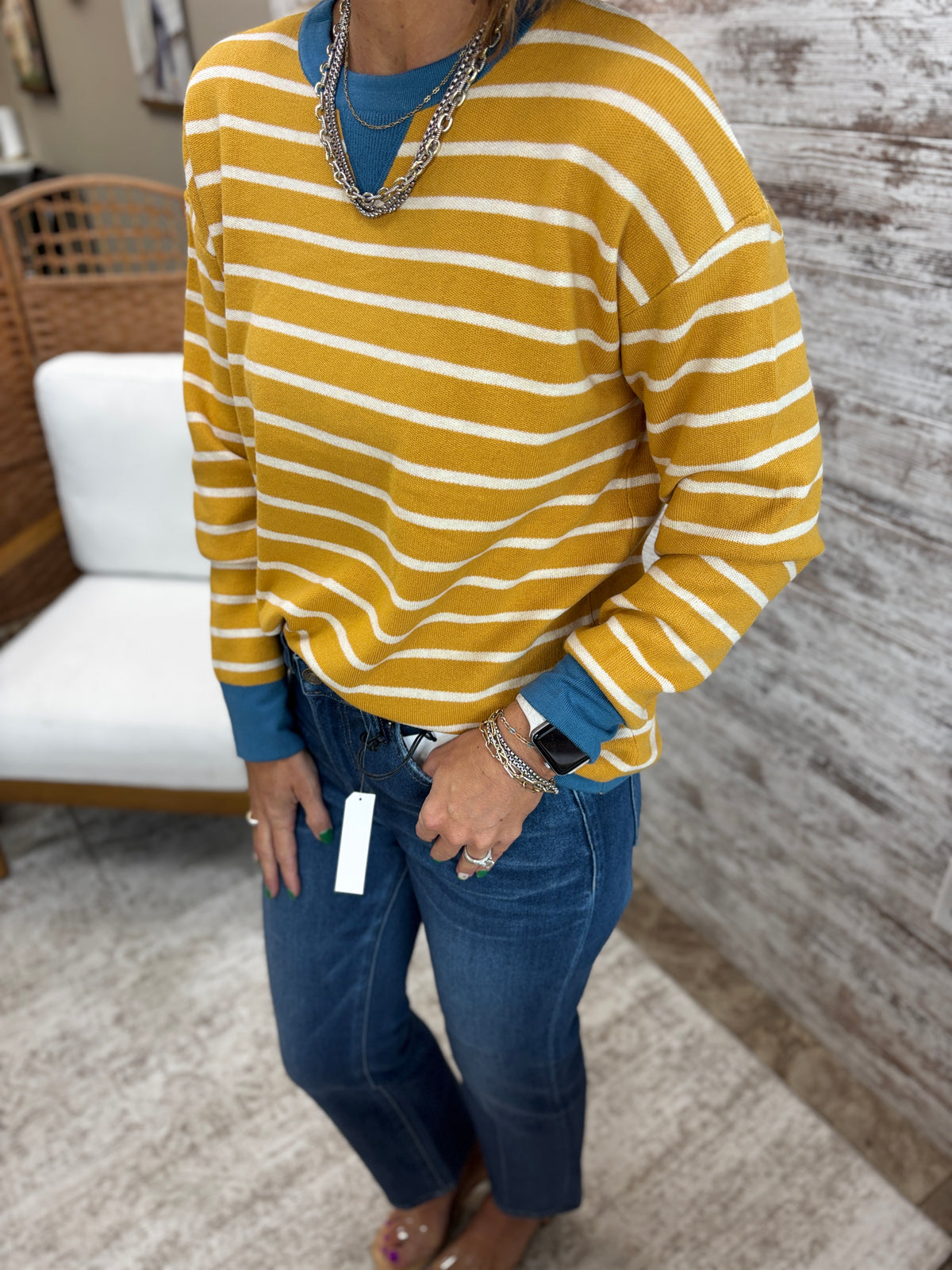 Mustard Striped Color Contrast Crew