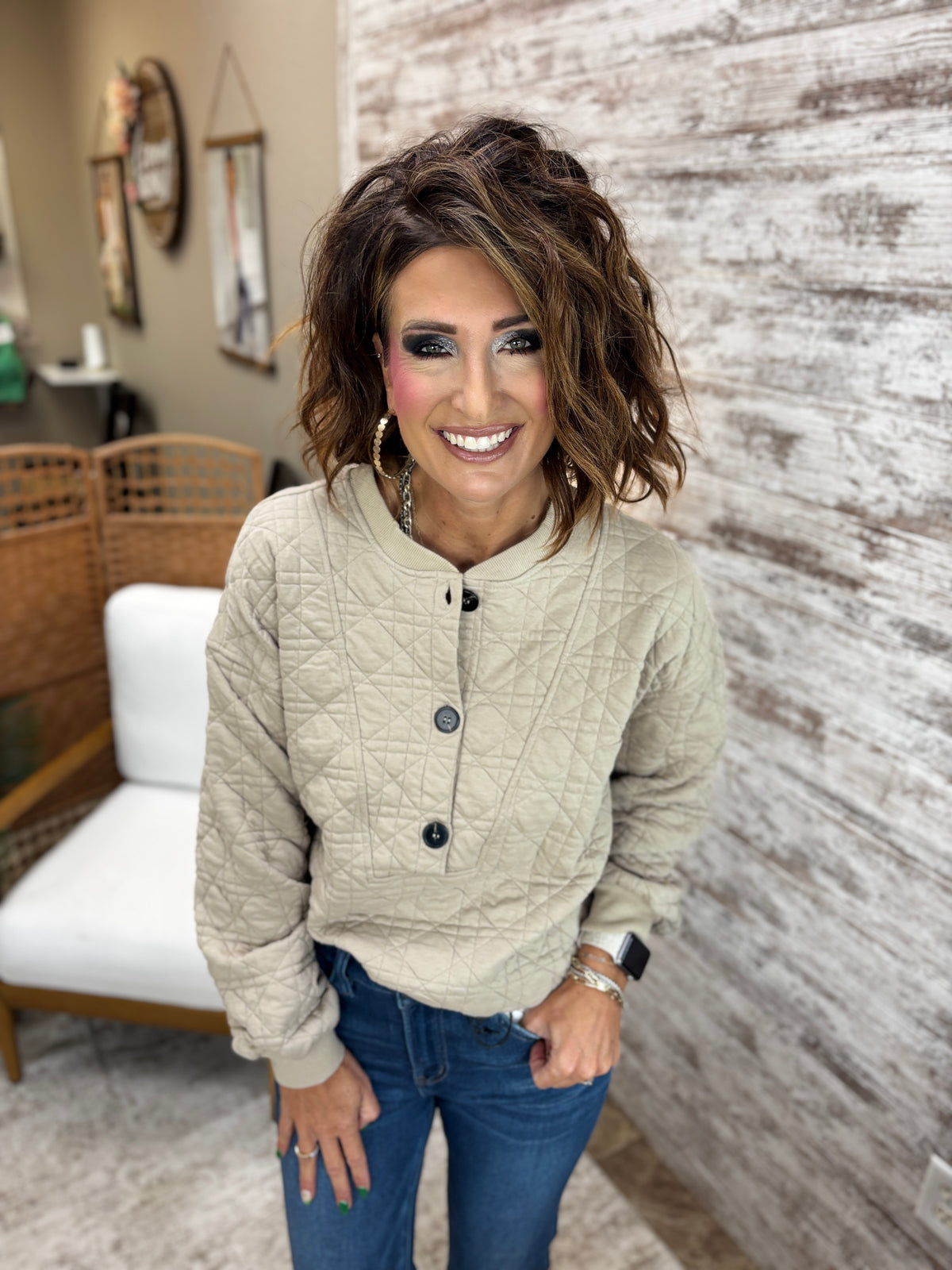 Greige Quilted Half Button Sweatshirt