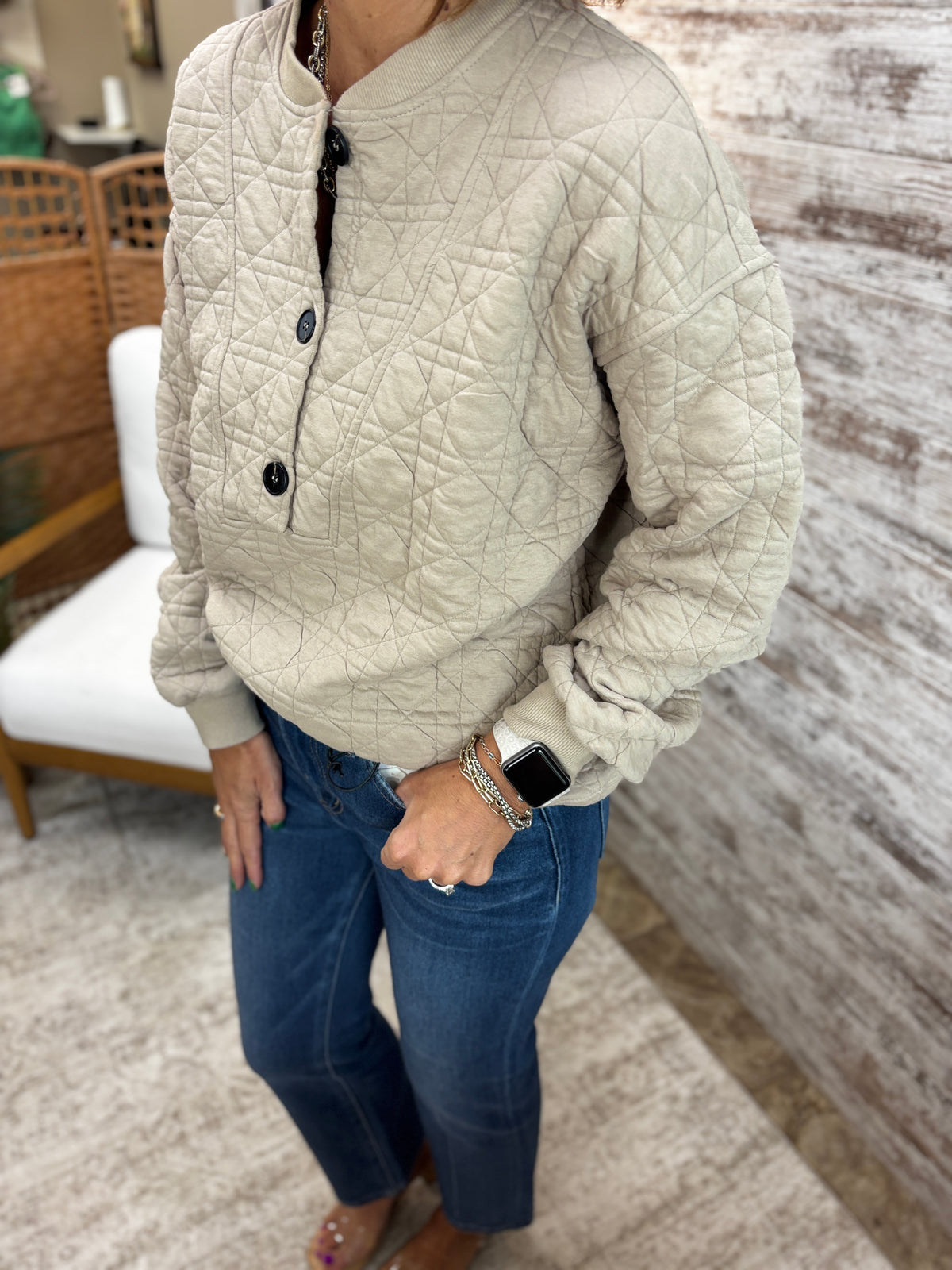 Greige Quilted Half Button Sweatshirt